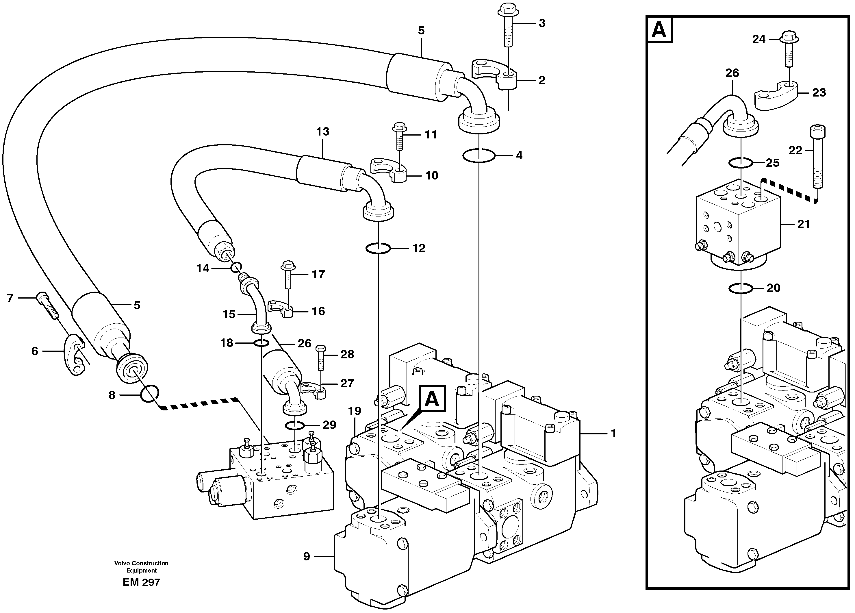 Схема запчастей Volvo L180E - 52345 Feed line, pump - central block L180E S/N 5004 - 7398 S/N 62501 - 62543 USA