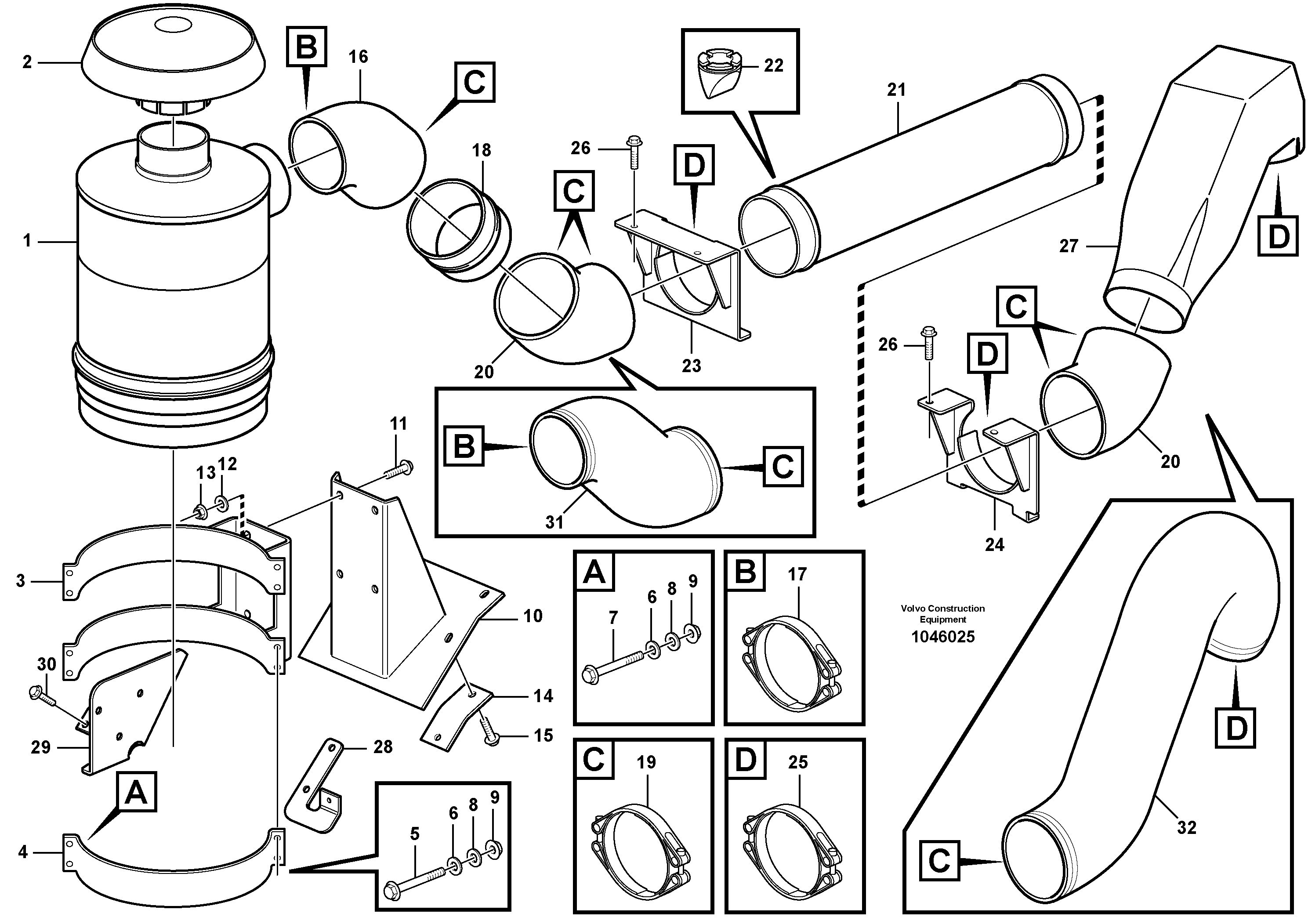 Схема запчастей Volvo A25E - 23380 Oil bath air filter with fitting parts 