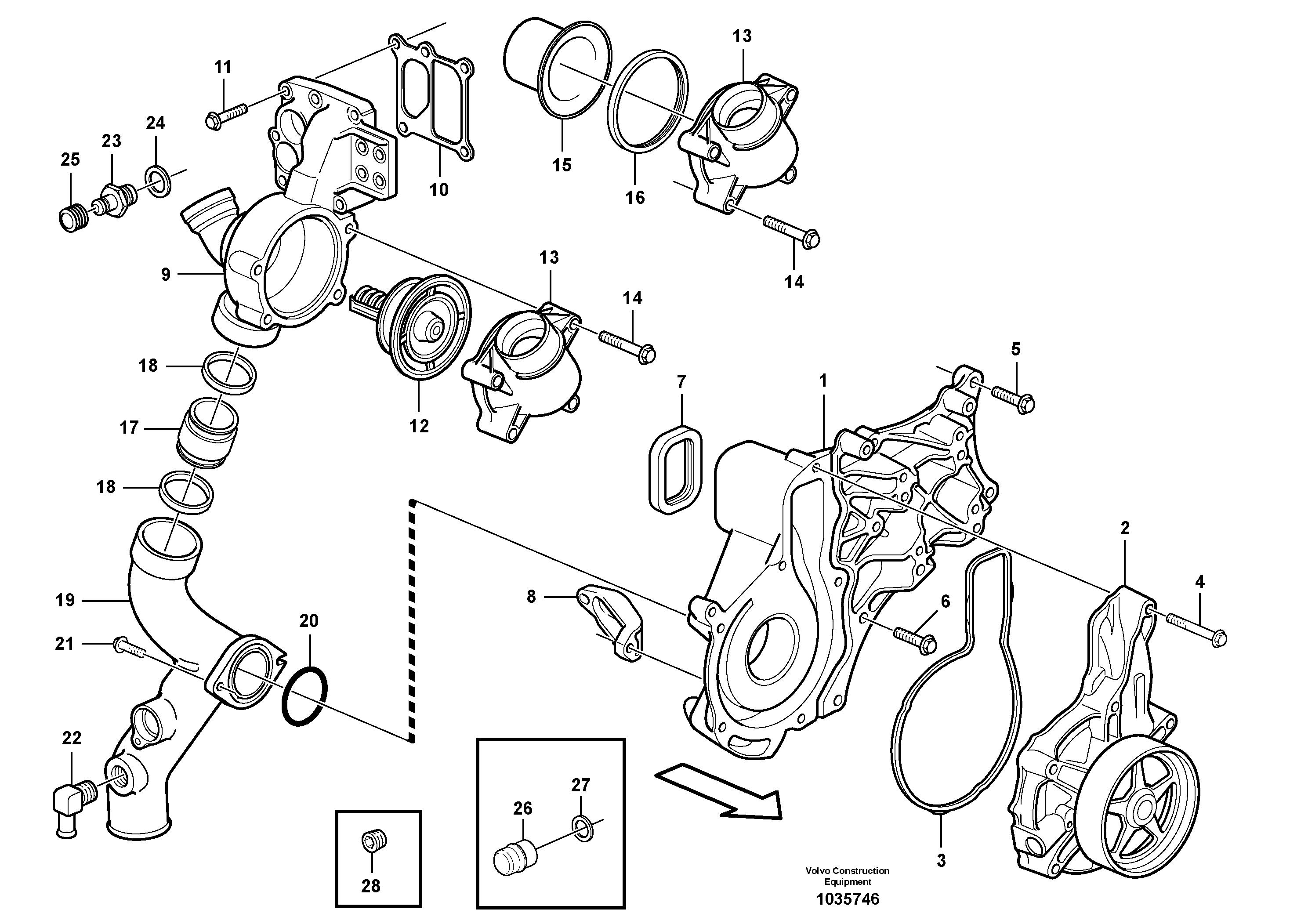 Схема запчастей Volvo A25E - 76956 Water pump and thermostat housing 