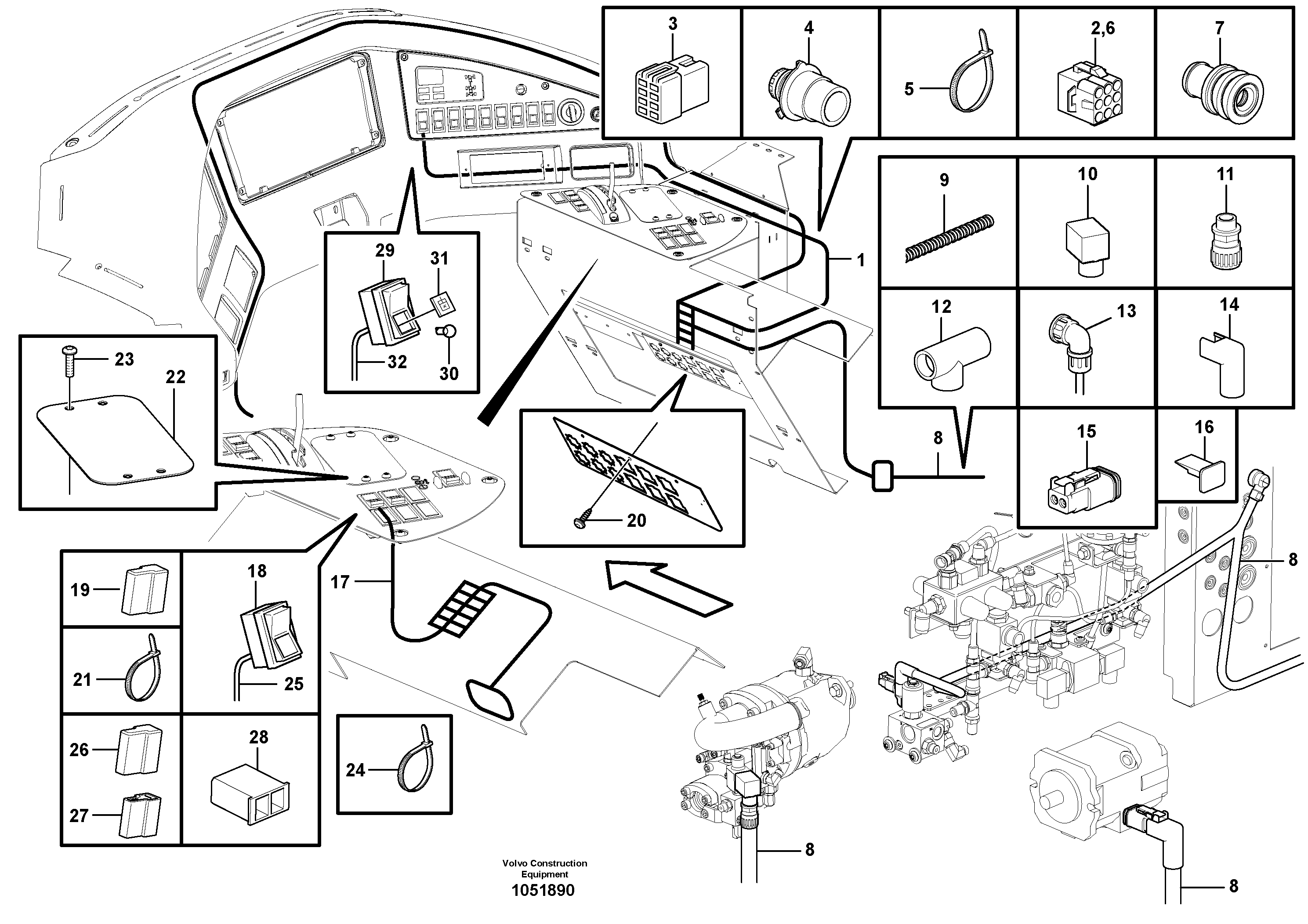 Схема запчастей Volvo A25E - 97517 Cable harnesses, control panel 