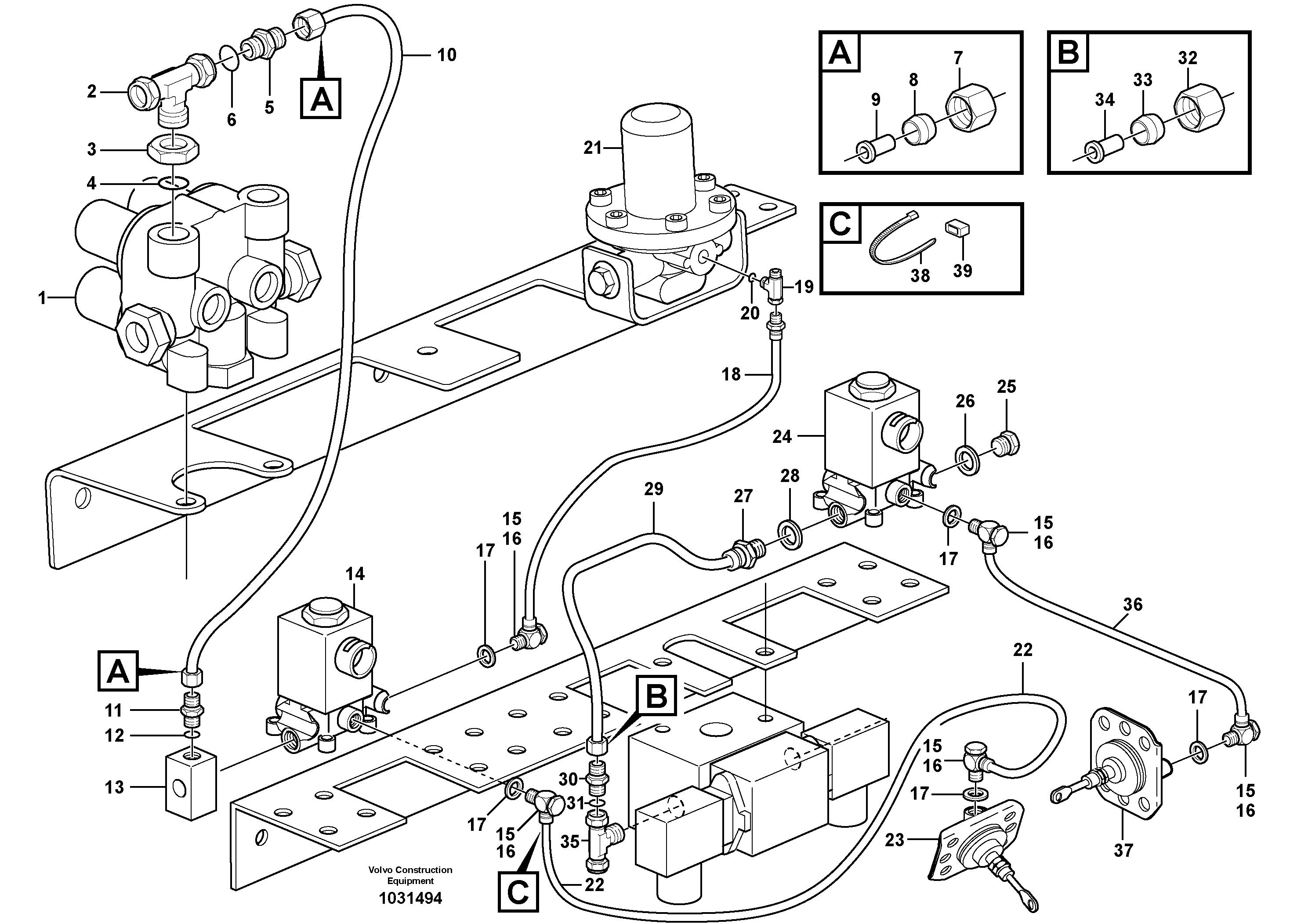Схема запчастей Volvo A25E - 104214 Pneumatic system, diff lock, cab 