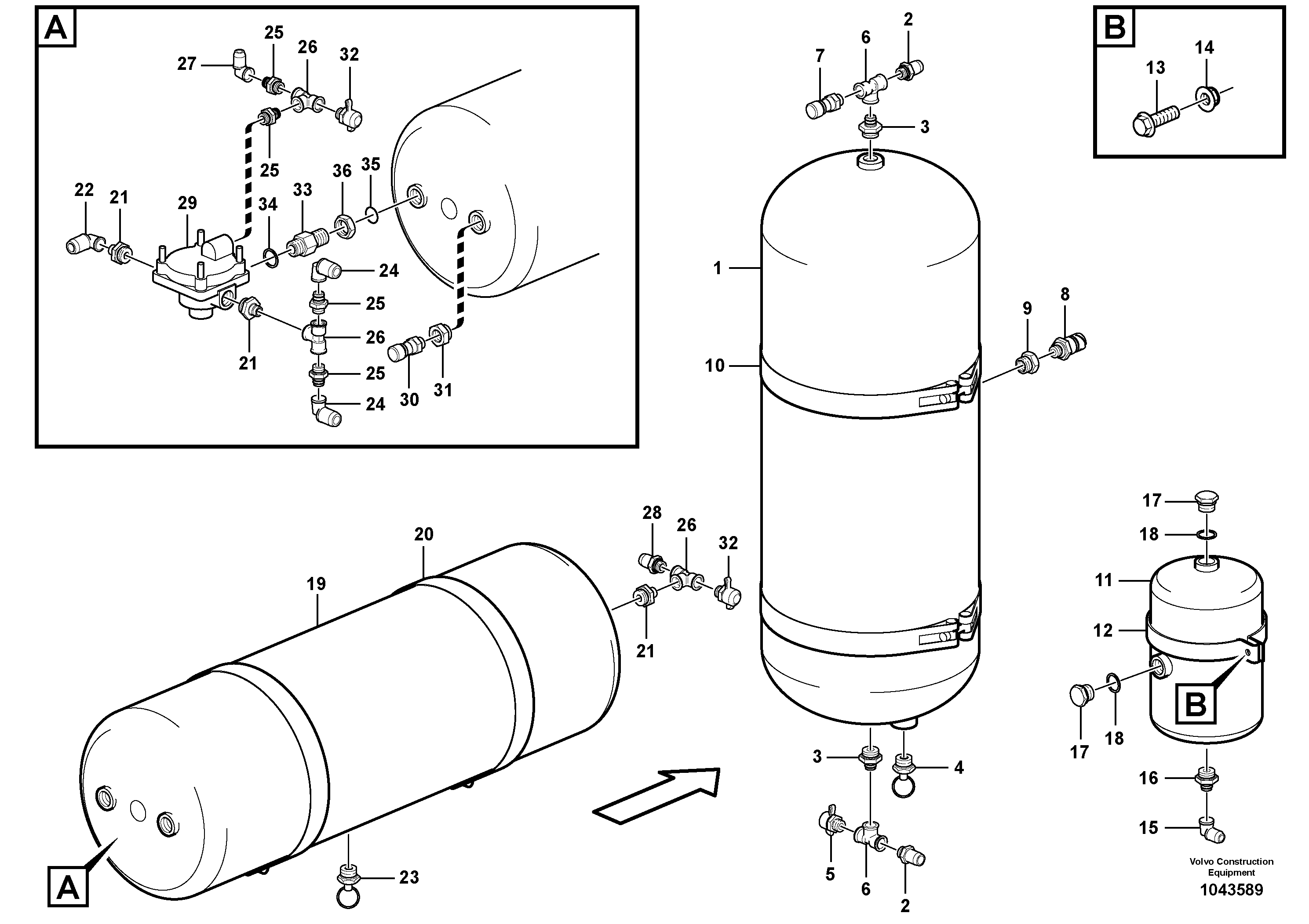 Схема запчастей Volvo A25E - 14517 Compressed-air reservoir with fitting parts 