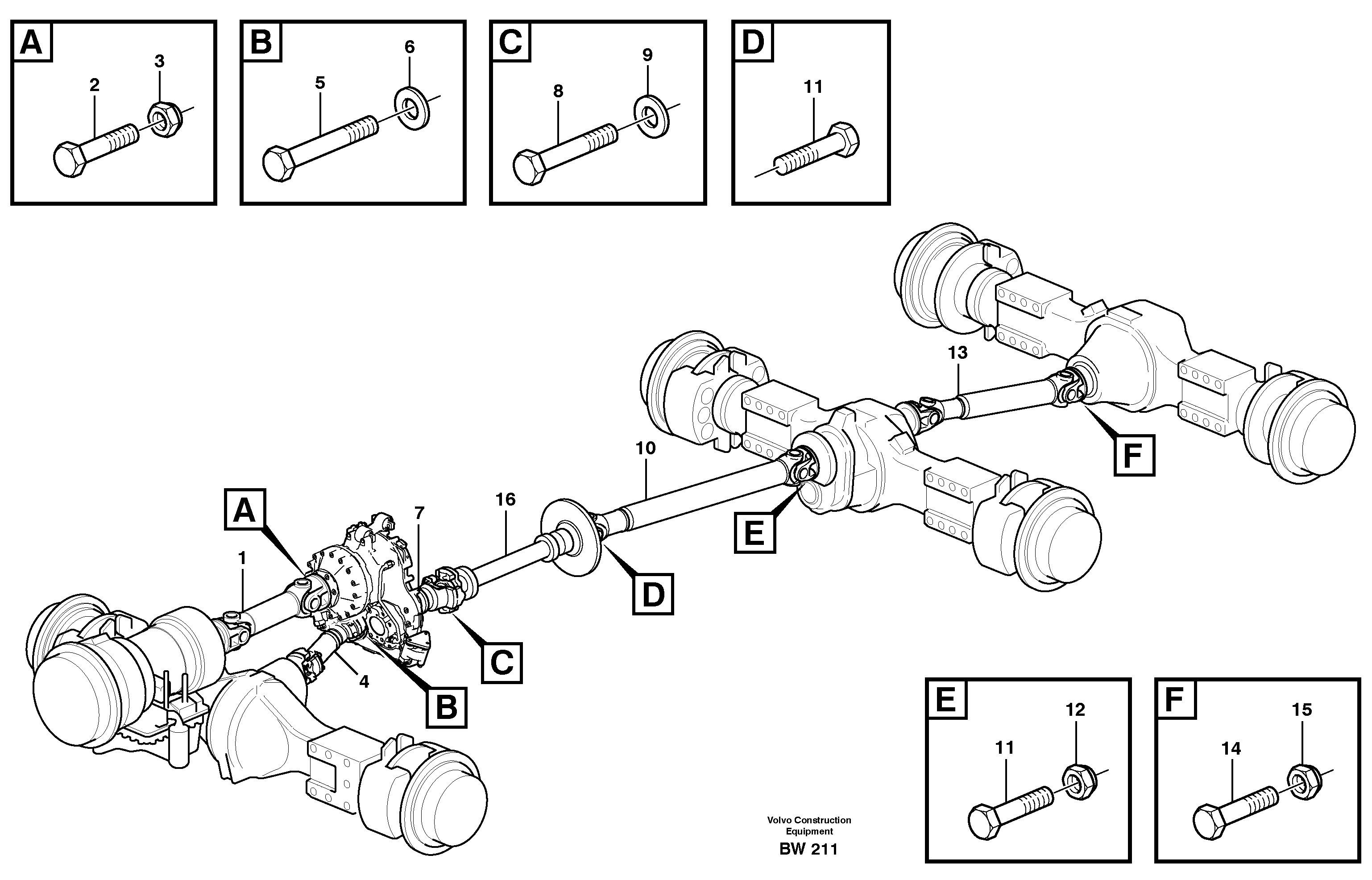 Схема запчастей Volvo A30D - 182 Propeller shafts with fitting parts A30D S/N 12001 - S/N 73000 - BRA