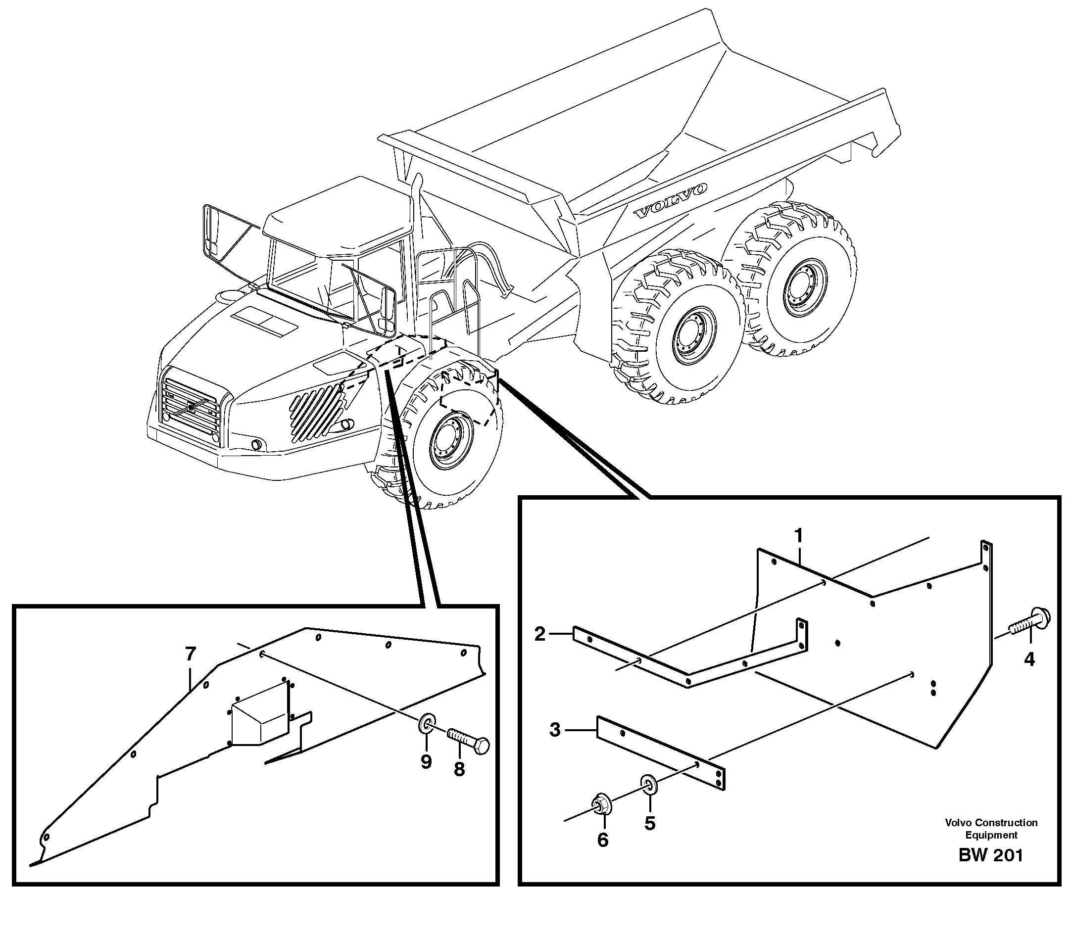 Схема запчастей Volvo A30D - 23605 Mudflap, motor unit A30D S/N -11999, - 60093 USA S/N-72999 BRAZIL