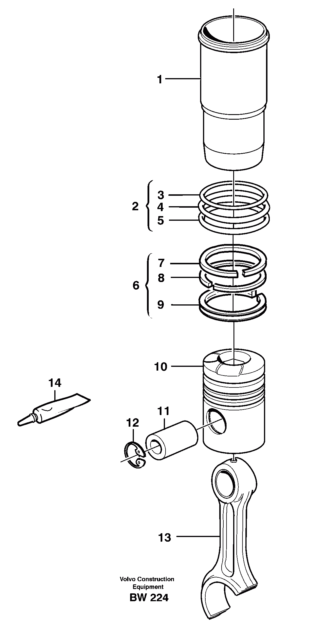 Схема запчастей Volvo A30D - 9642 Cylinder liner and piston A30D S/N -11999, - 60093 USA S/N-72999 BRAZIL