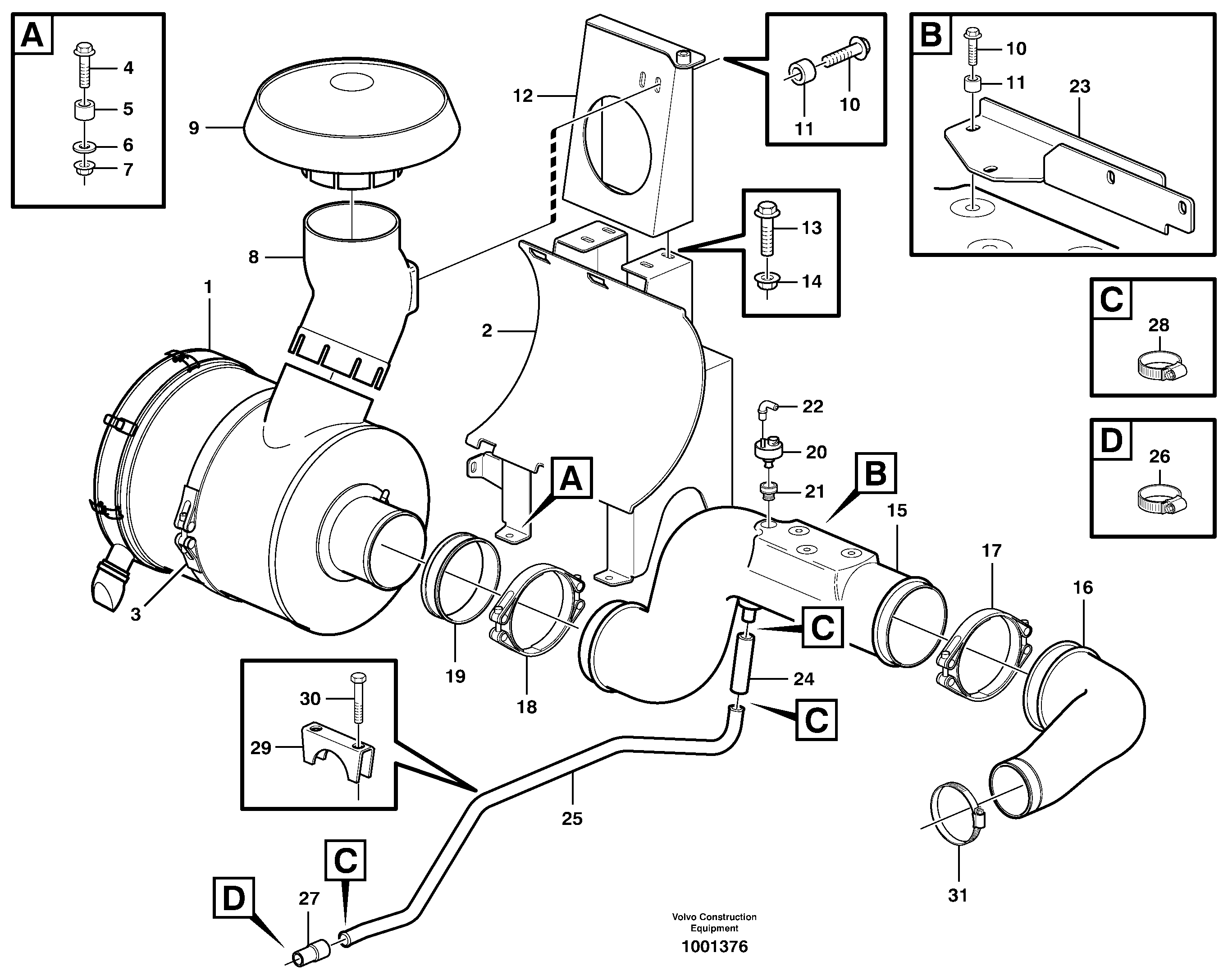 Схема запчастей Volvo A30D - 88360 Air filter with fitting parts A30D S/N -11999, - 60093 USA S/N-72999 BRAZIL