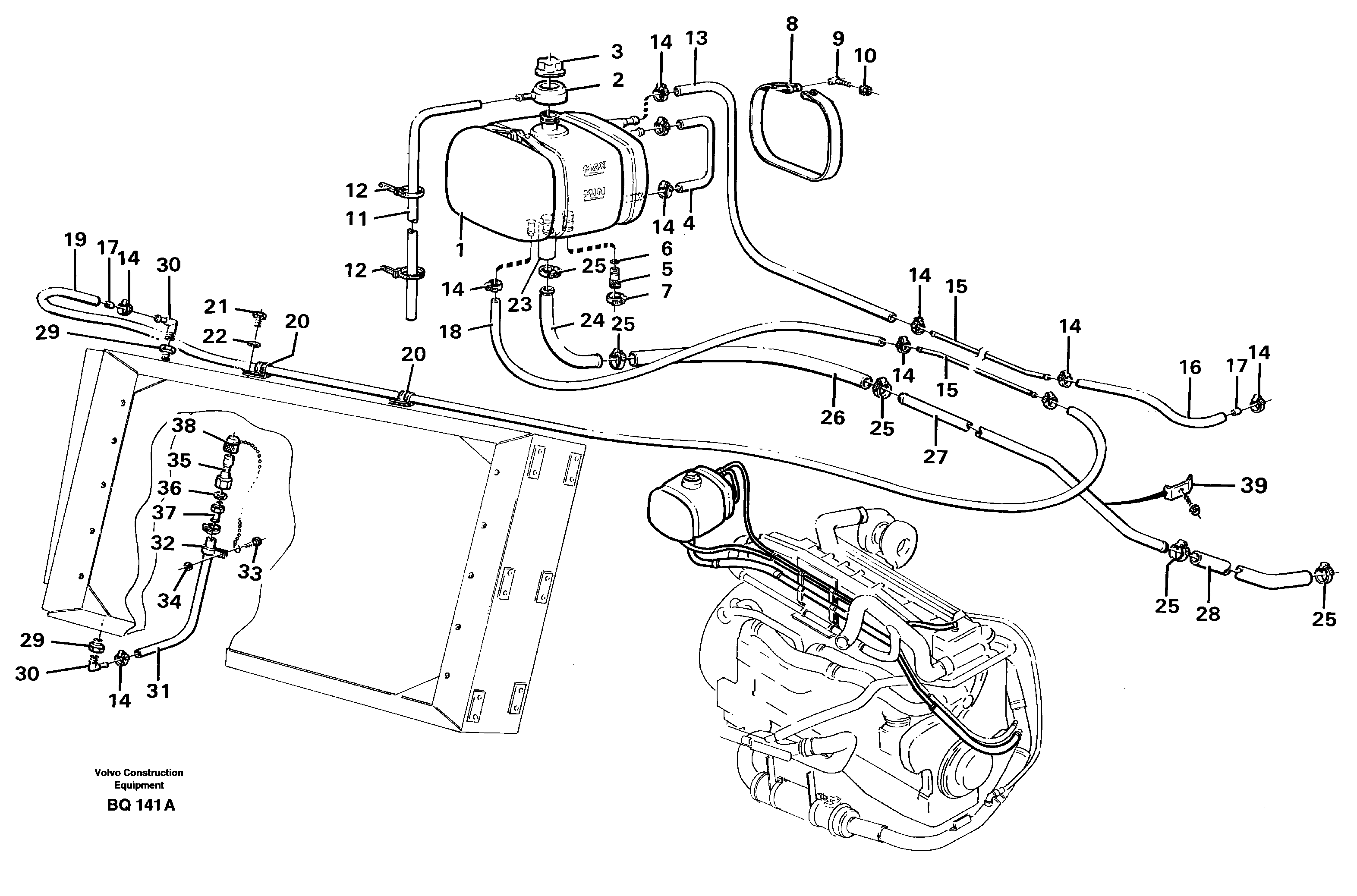 Схема запчастей Volvo A35C - 89826 Бак (бачок) расширительный и трубки A35C SER NO 4621-, SER NO USA 60001-