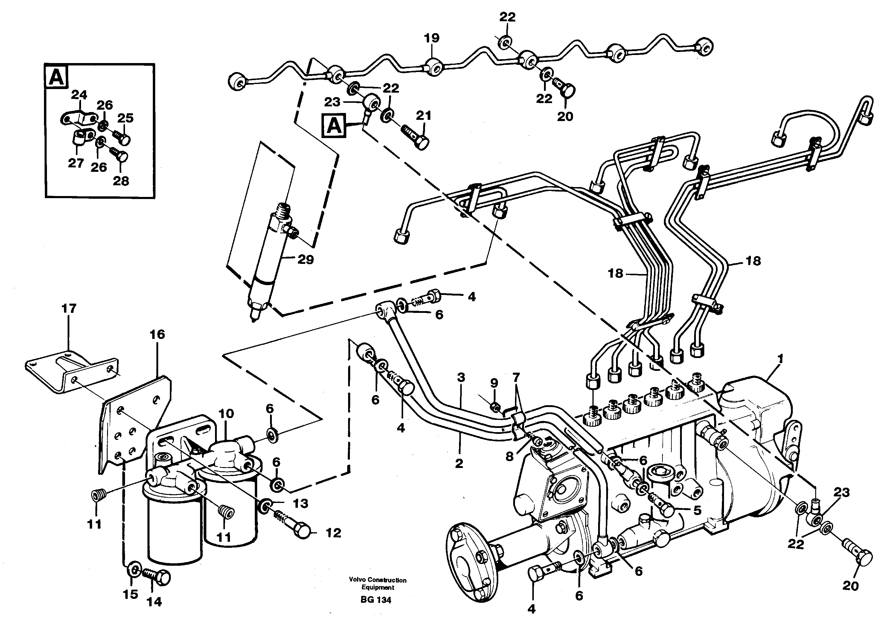 Схема запчастей Volvo A40 - 35708 Fuel pipes, fuel injec. pump-fuel filter,-leak-off line A40 VOLVO BM VOLVO BM A40 SER NO - 1151/- 60026