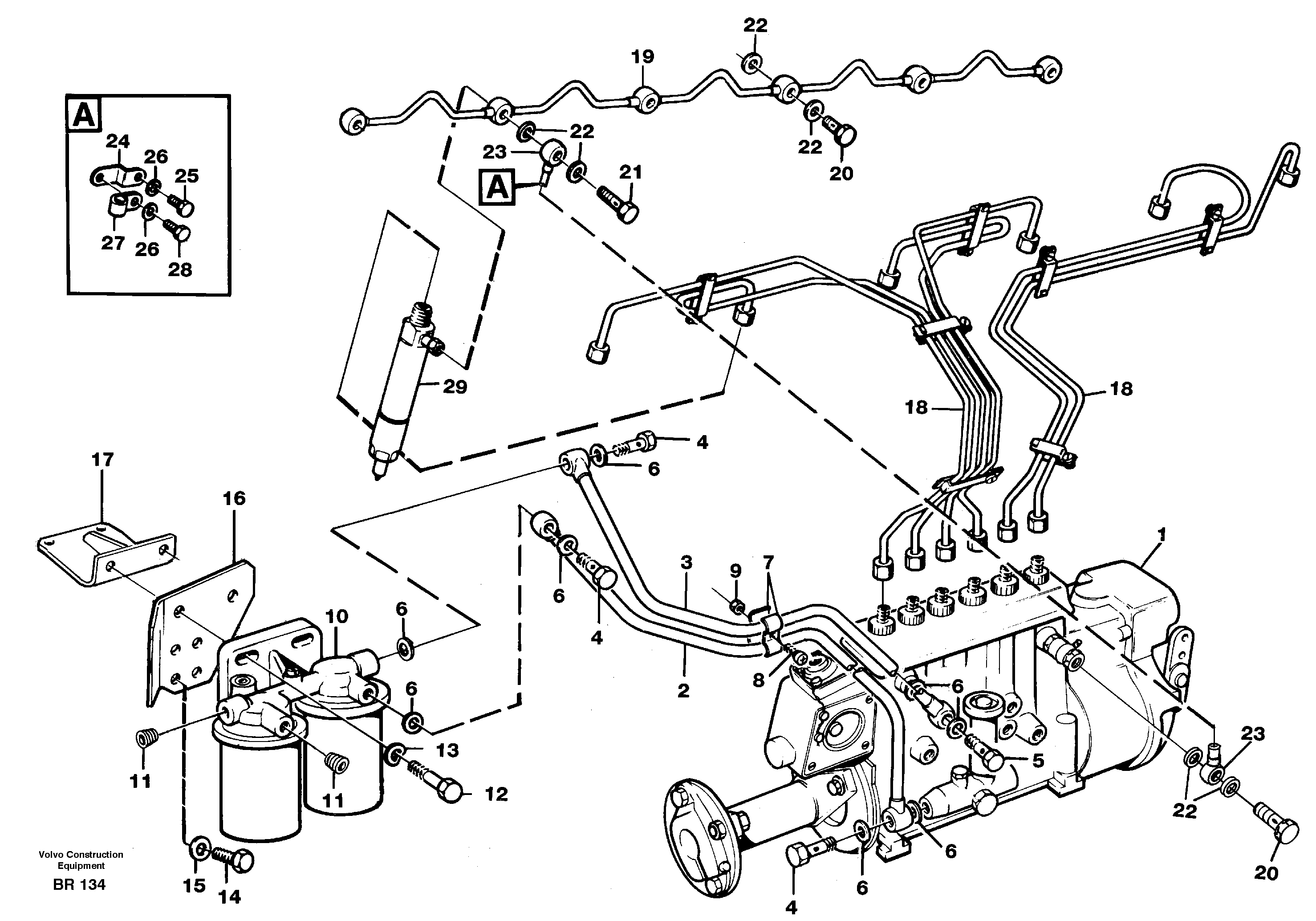 Схема запчастей Volvo A40 - 36748 Fuel pipes, fuel injec. pump-fuel filter,-leak-off line A40 SER NO 1201-, SER NO USA 60101-