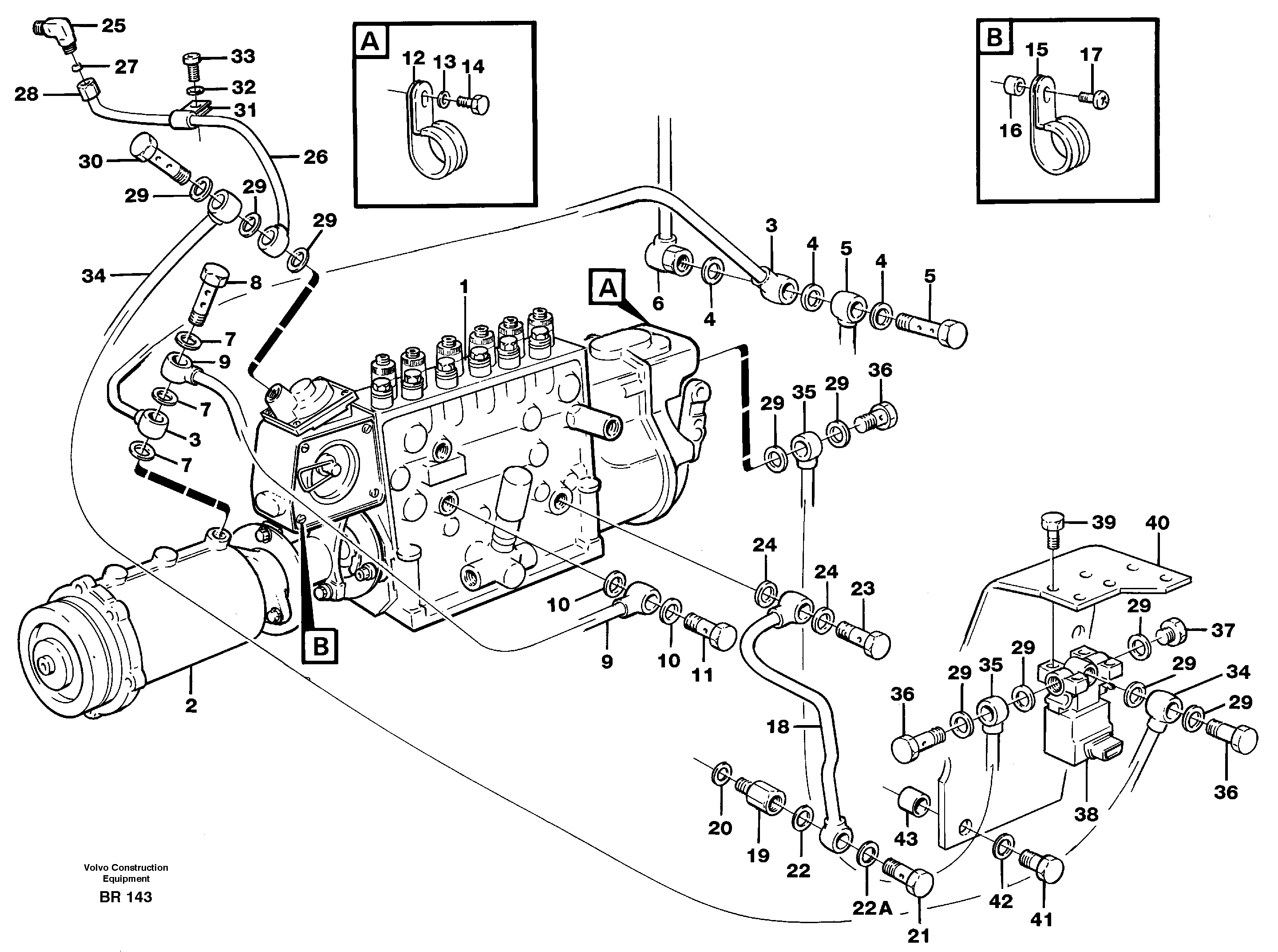Схема запчастей Volvo A40 - 96009 Fuel injection pump, Oil pipes and vacuum hose A40 SER NO 1201-, SER NO USA 60101-