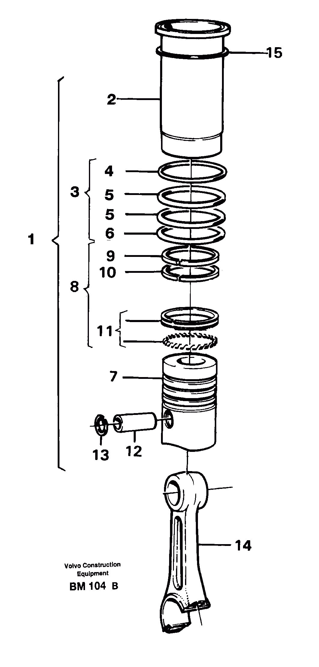 Схема запчастей Volvo A20C - 16666 Cylinder liner and piston A20C SER NO 3052-