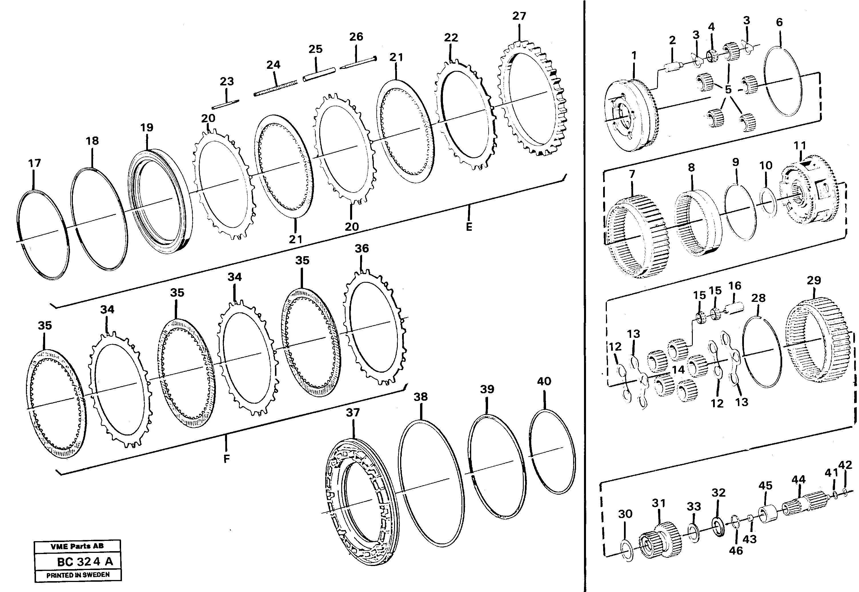 Схема запчастей Volvo A25C - 26119 Clutches and brakes E, F A25C VOLVO BM VOLVO BM A25C SER NO - 10256/ - 60911