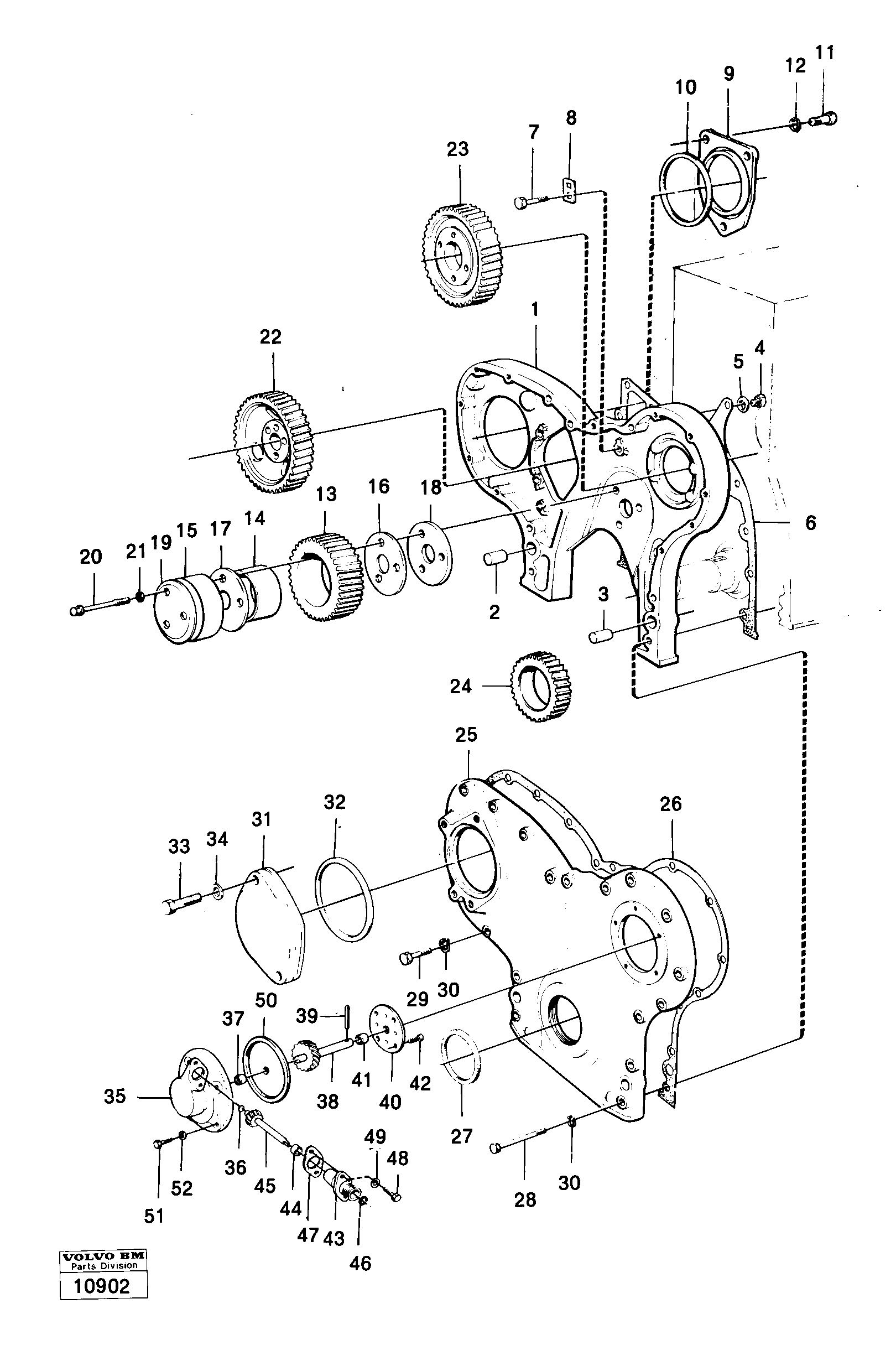 Схема запчастей Volvo 861 861 - 21347 Timing gear casing,timinggears and engine-speed Indicator 