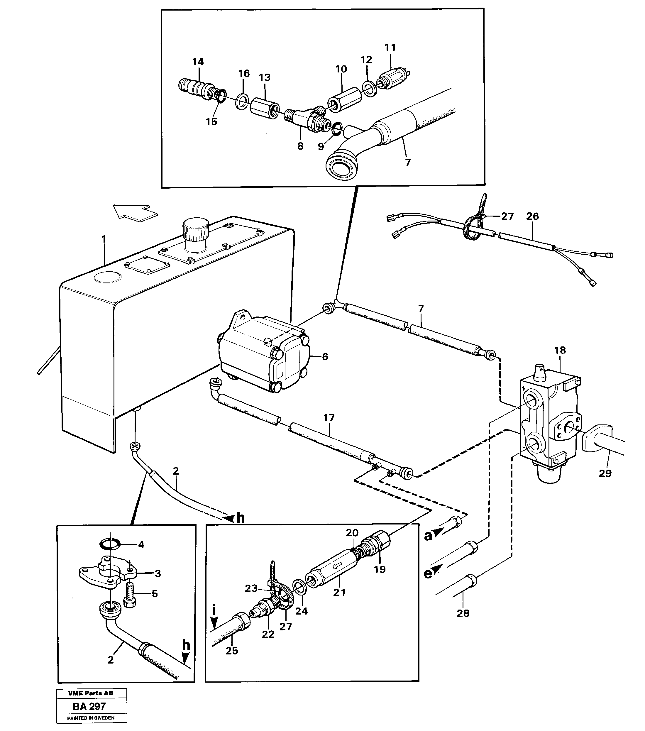 Схема запчастей Volvo A20 VOLVO BM A20 - 99361 Hydraulic tank, vane pumpand tip valve with connecting parts 