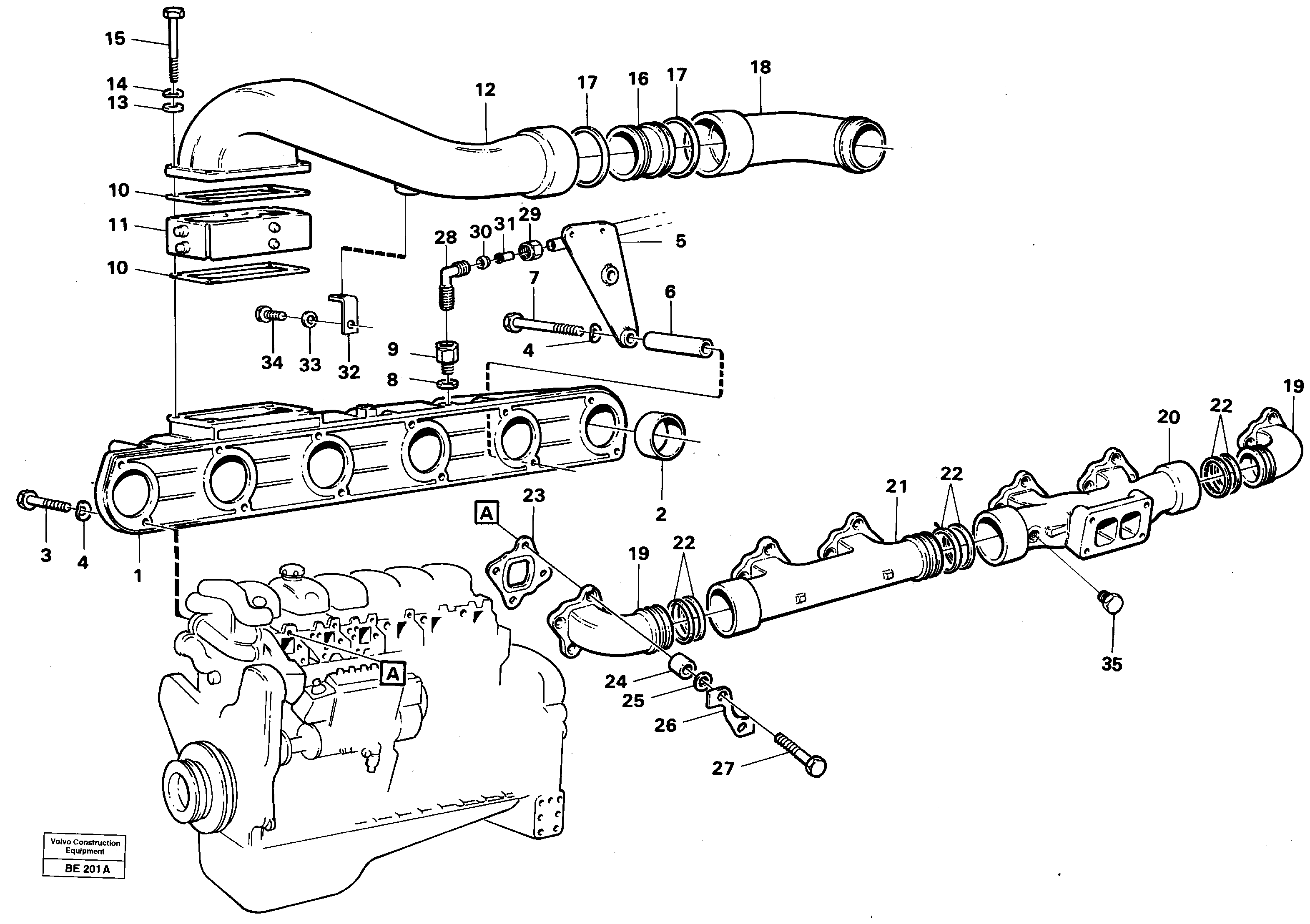 Схема запчастей Volvo A35 Volvo BM A35 - 24643 Inlet and exhaust system on engine 