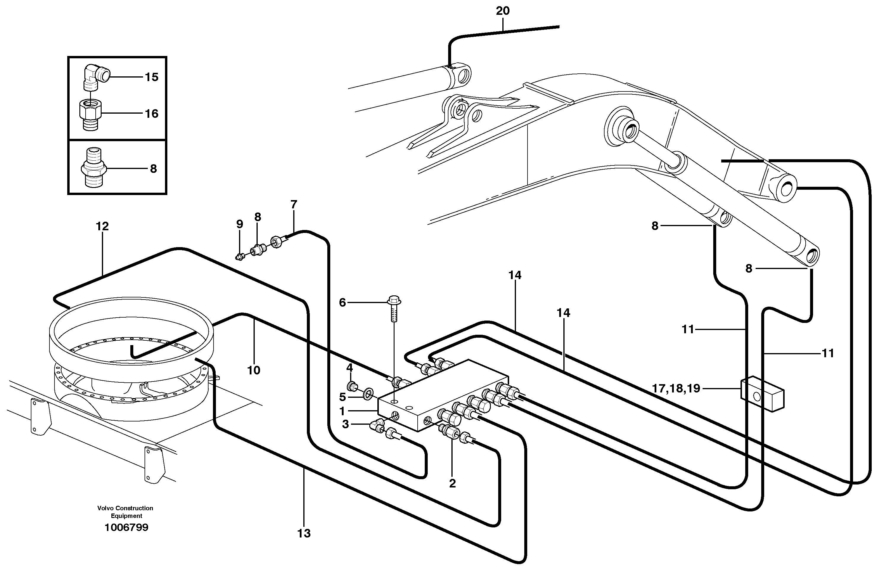 Схема запчастей Volvo EW140 - 31988 Central lubrication. slewing, mono boom EW140 SER NO 1001-1487