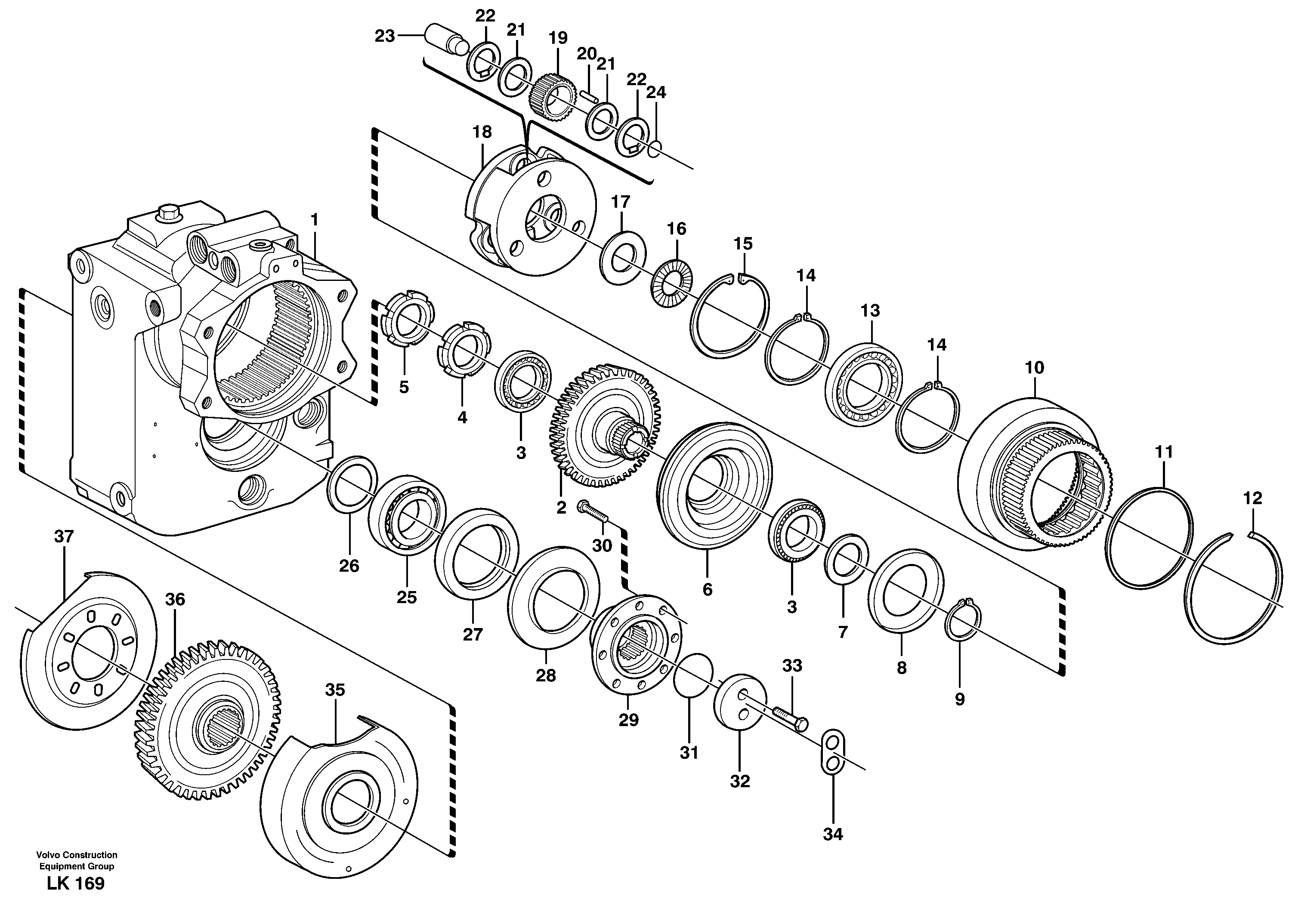 Схема запчастей Volvo EW140 - 1902 Rear axle, Gear and axle EW140 SER NO 1001-1487