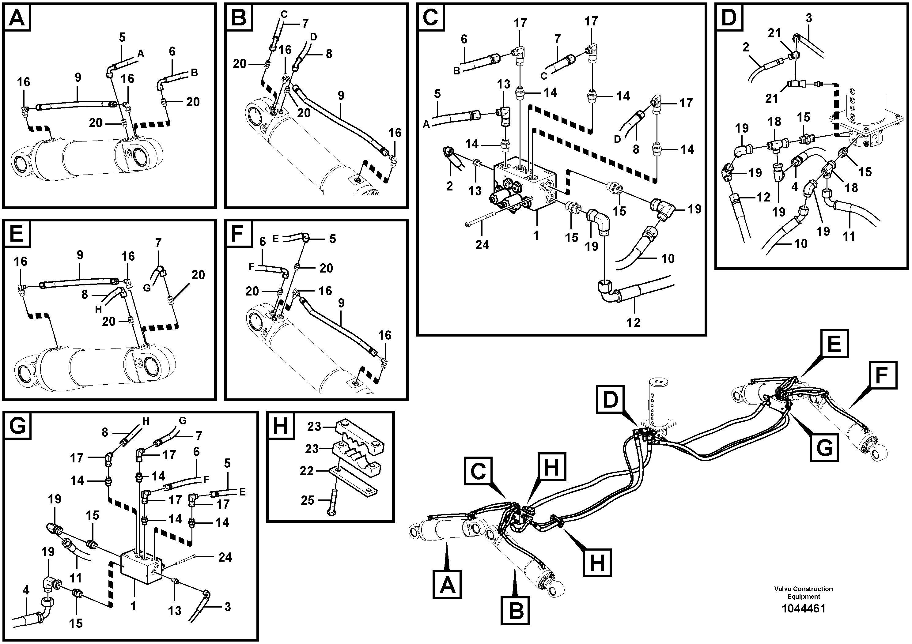 Схема запчастей Volvo EW230C - 106798 Working hydraulics, front and rear outrigger EW230C