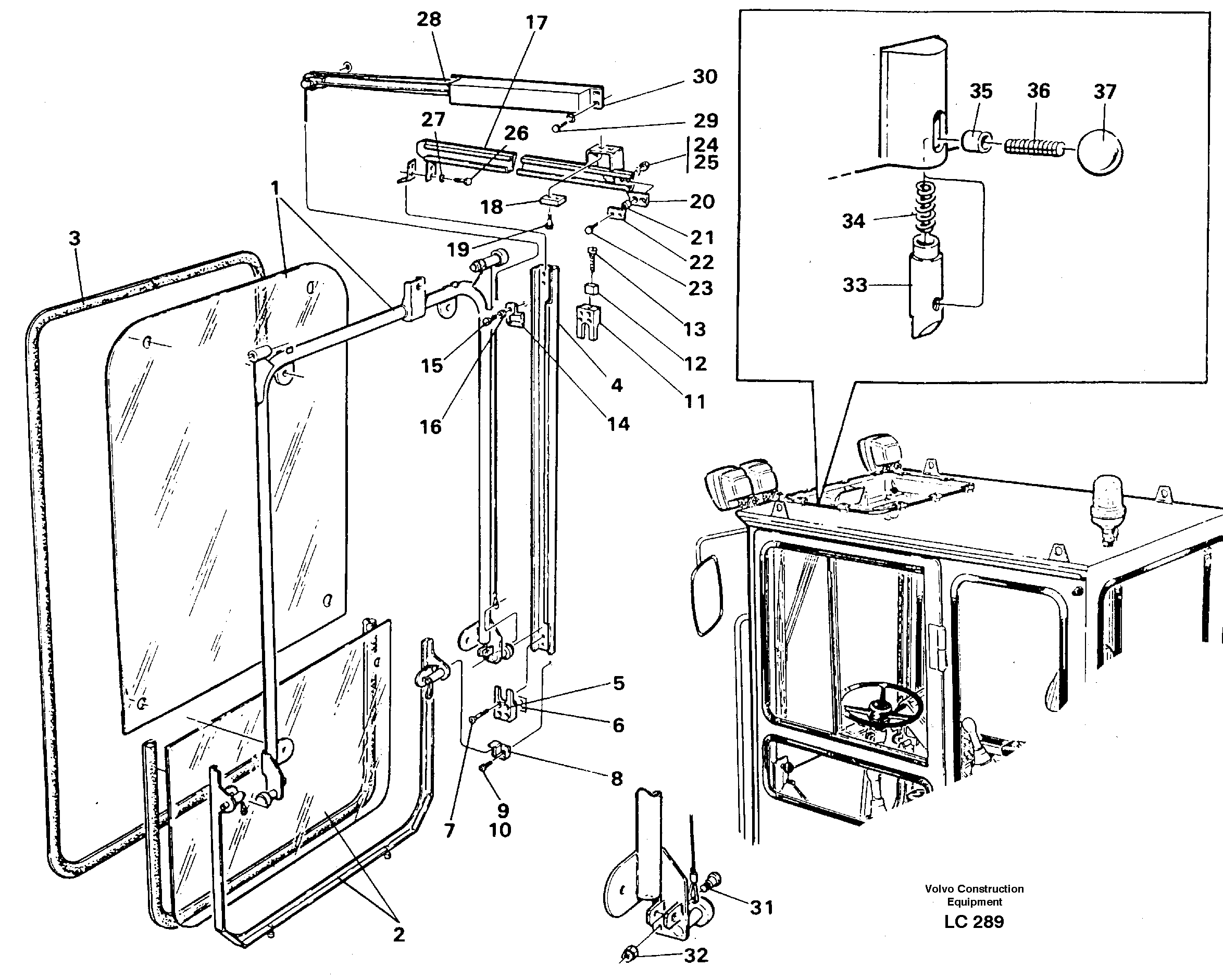 Схема запчастей Volvo EC650 - 48019 Front window, lifting device EC650 SER NO 539-618