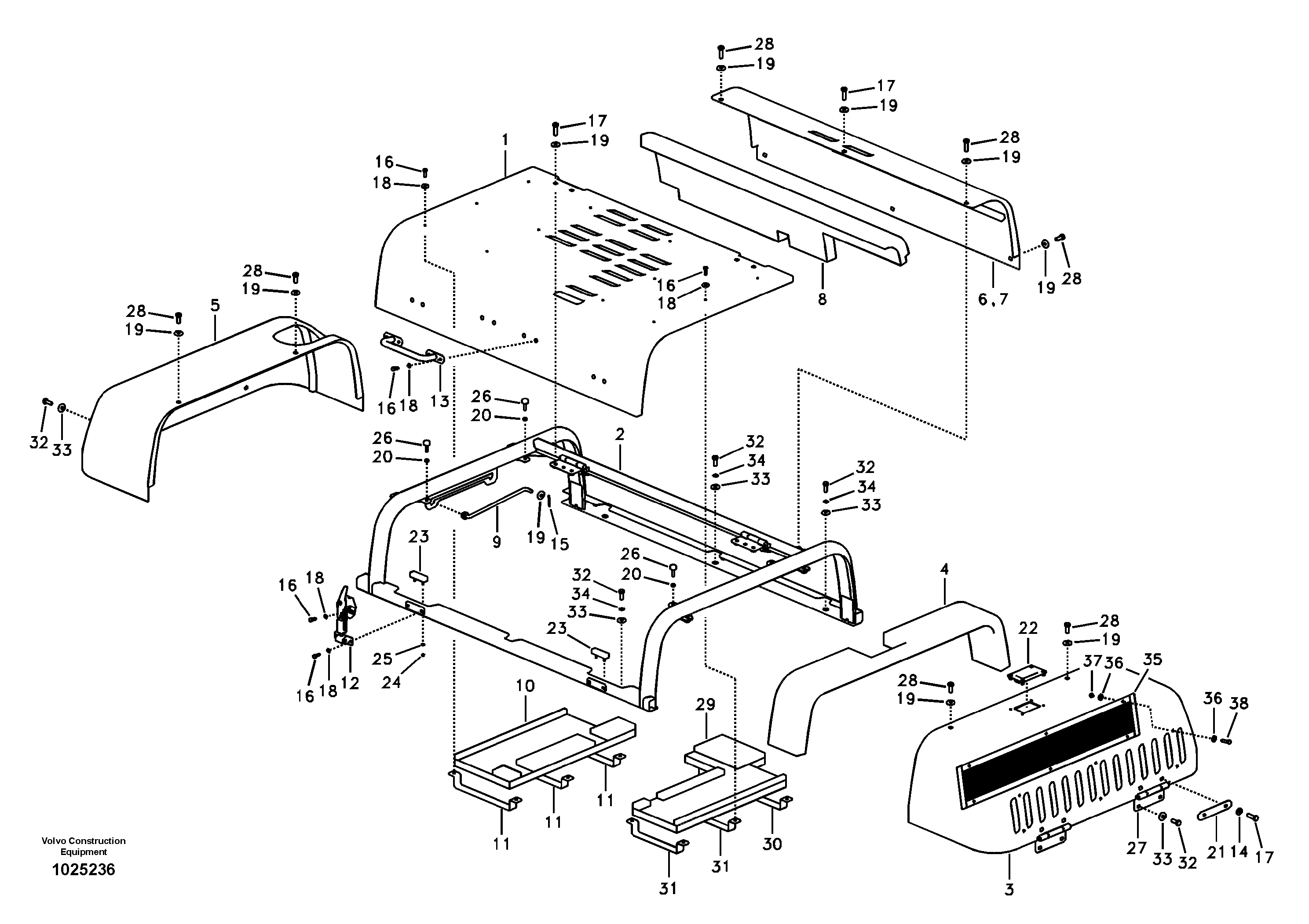 Схема запчастей Volvo EC330B - 17702 Cowl frame, cover and hood EC330B SER NO INT 10713- EU&NA 80001-