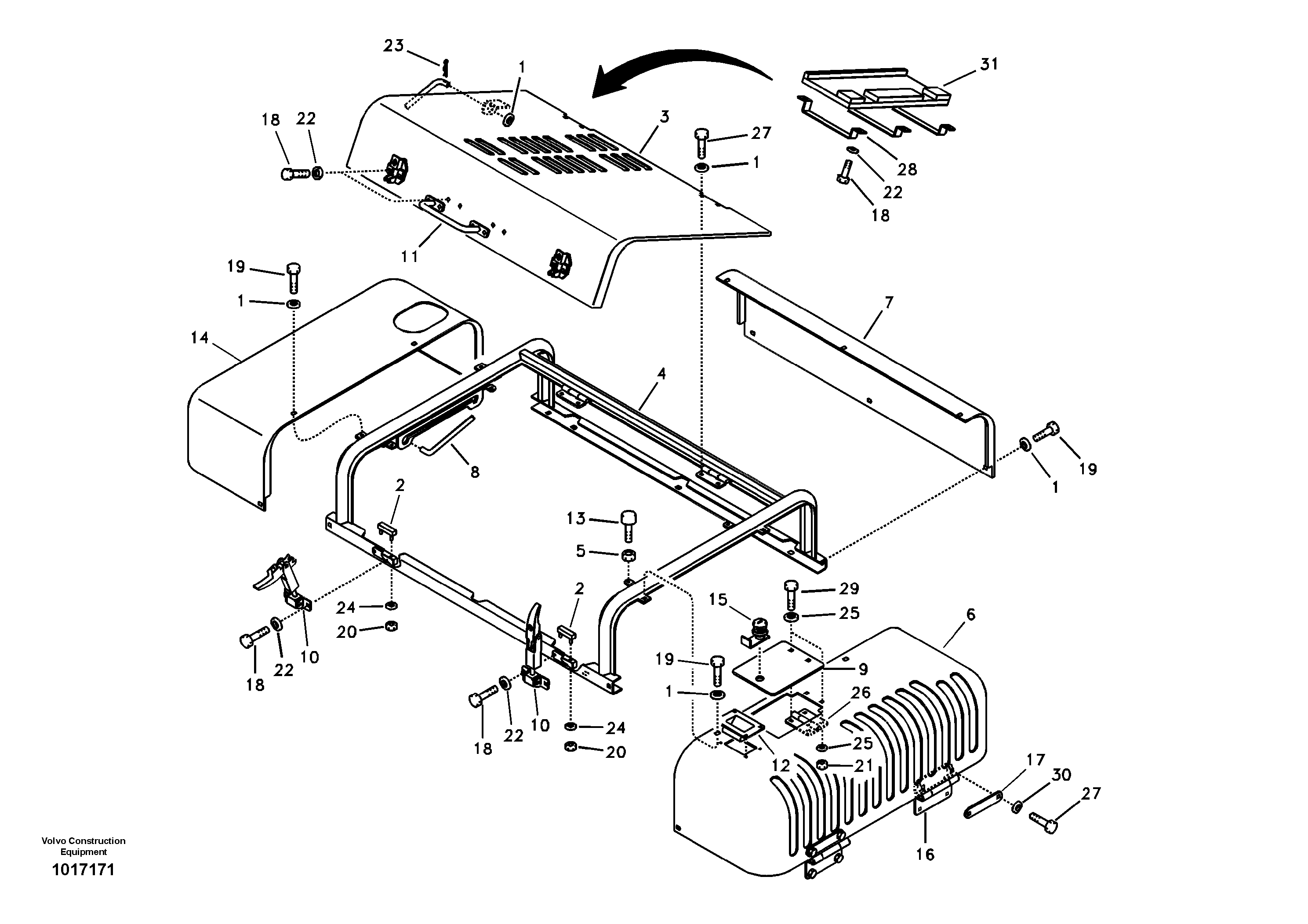Схема запчастей Volvo EC330B - 77313 Cowl frame, cover and hood EC330B
