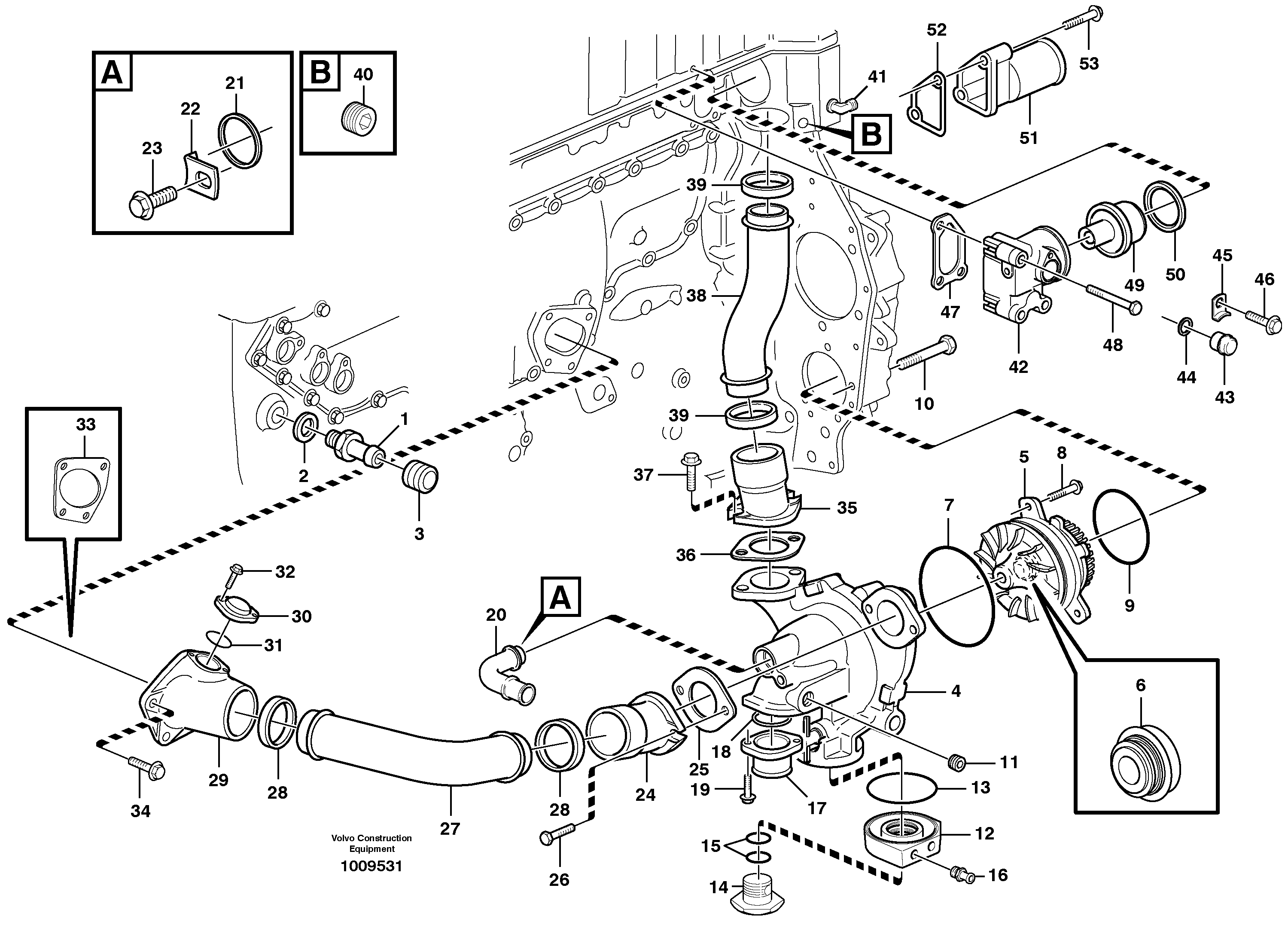 Схема запчастей Volvo EC330B - 101892 Water pump and thermostat housing EC330B