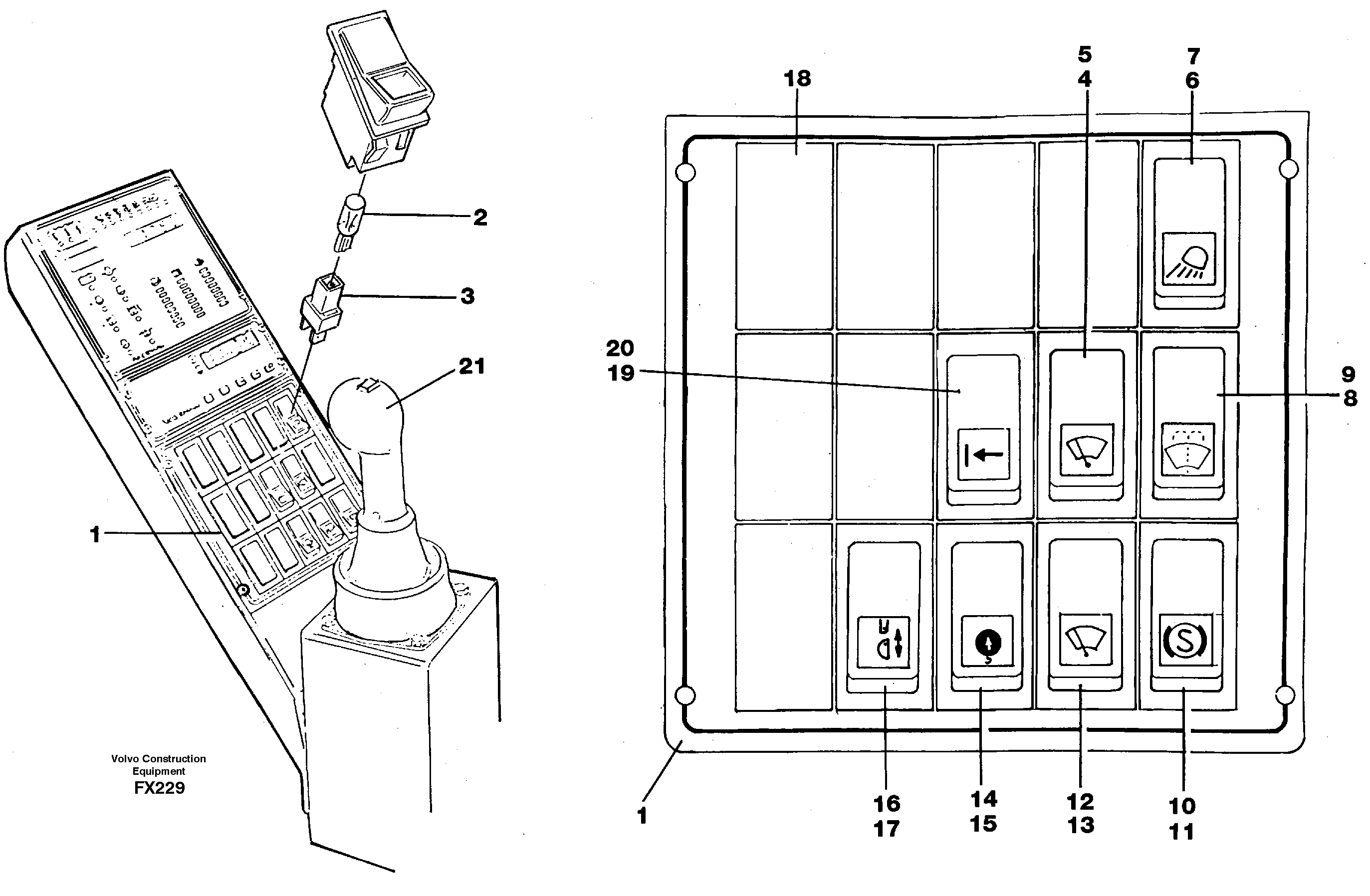 Схема запчастей Volvo EC130C - 62160 Rocker switch panel EC130C SER NO 221-