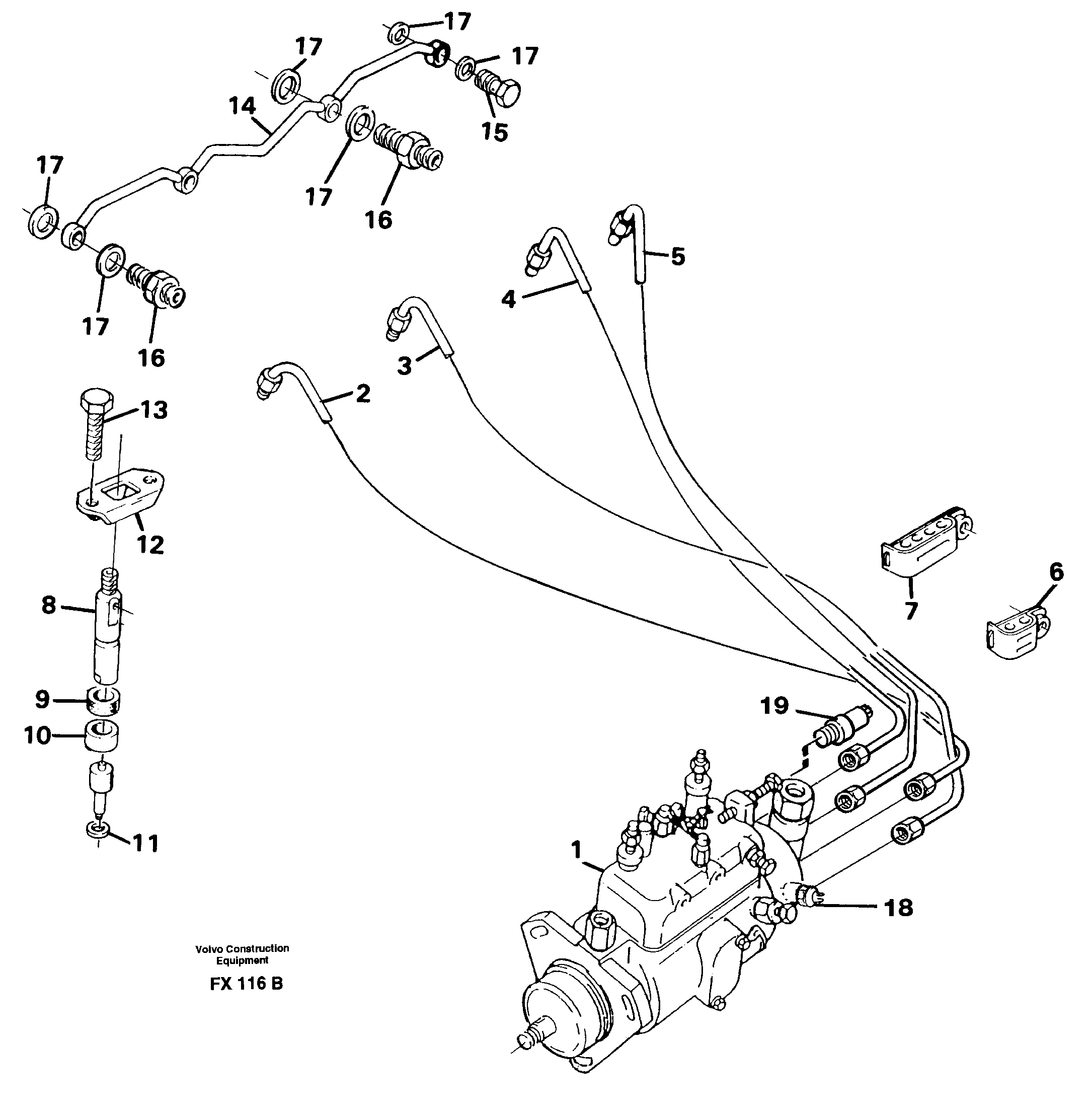 Схема запчастей Volvo EC130C - 43528 Fuel lines, injectors EC130C SER NO 221-