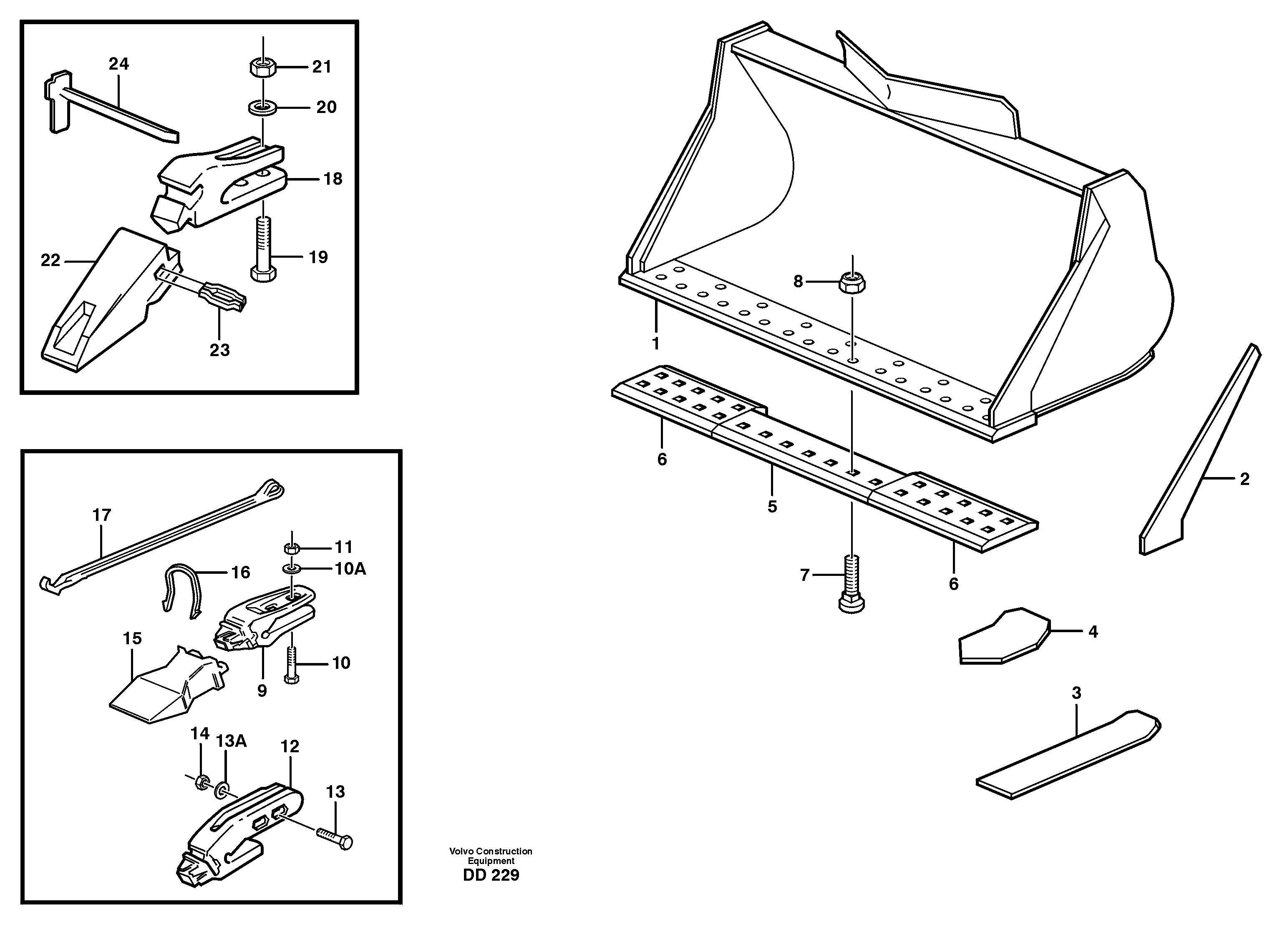 Схема запчастей Volvo EW150C - 16361 Bucket, straight lip, alt. edge savers or teeth ATTACHMENTS ATTACHMENTS BUCKETS