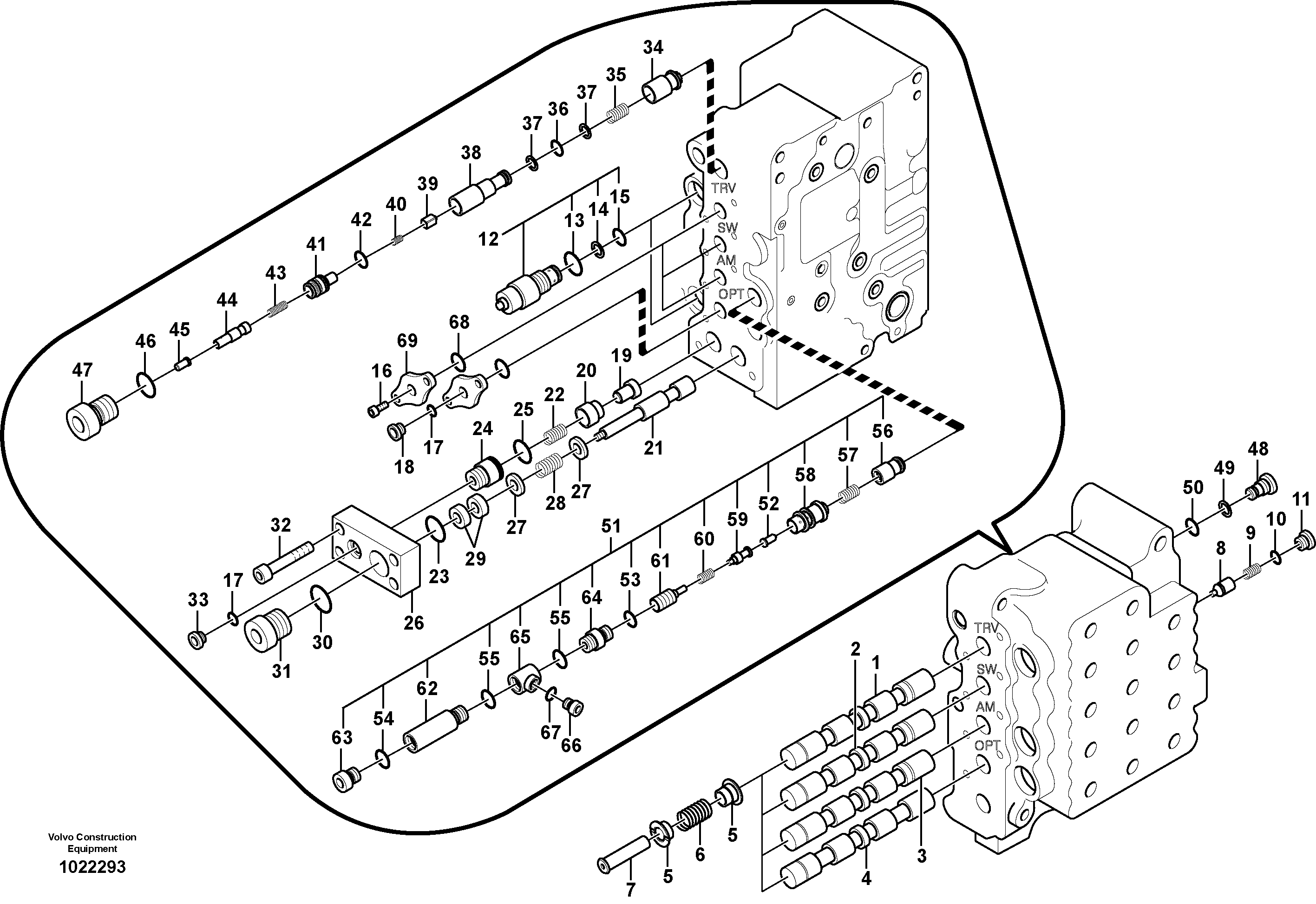 Схема запчастей Volvo EW145B - 4224 Main control valve, swing and option and dipper arm and travel Lh EW145B