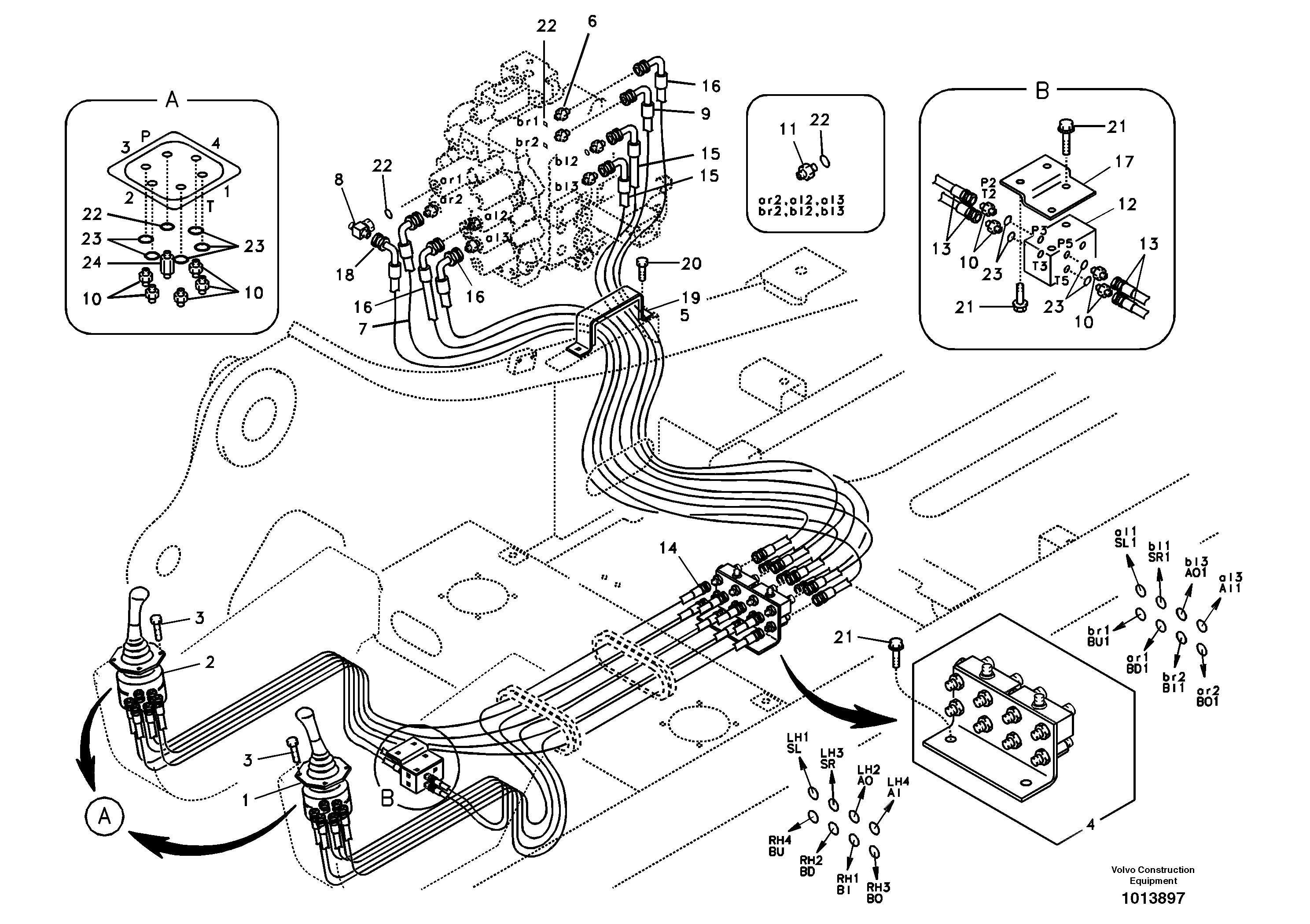 Схема запчастей Volvo EW145B - 20374 Servo system, control valve to remote control valve EW145B