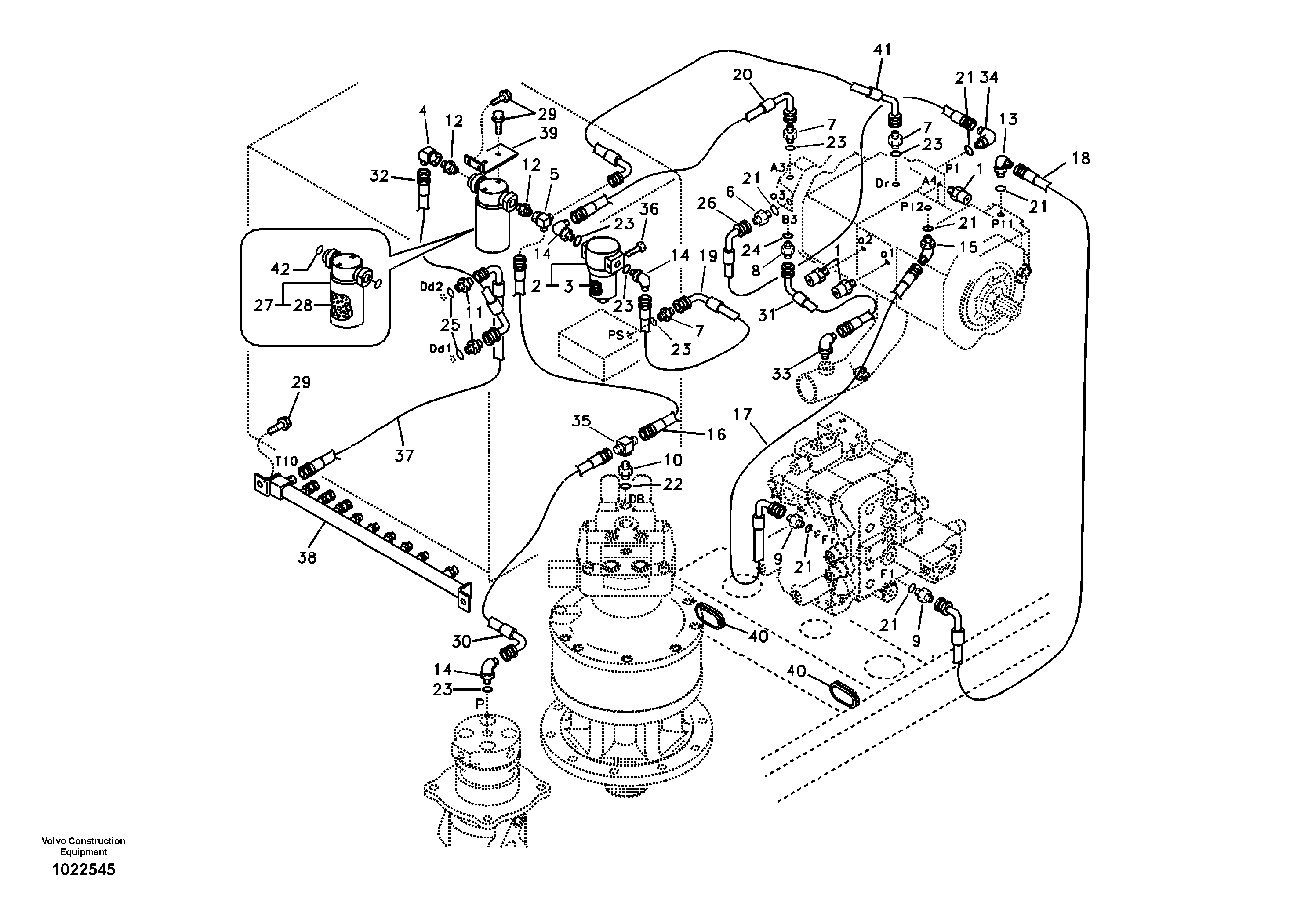 Схема запчастей Volvo EW145B - 23093 Servo system, pump piping and filter mount EW145B