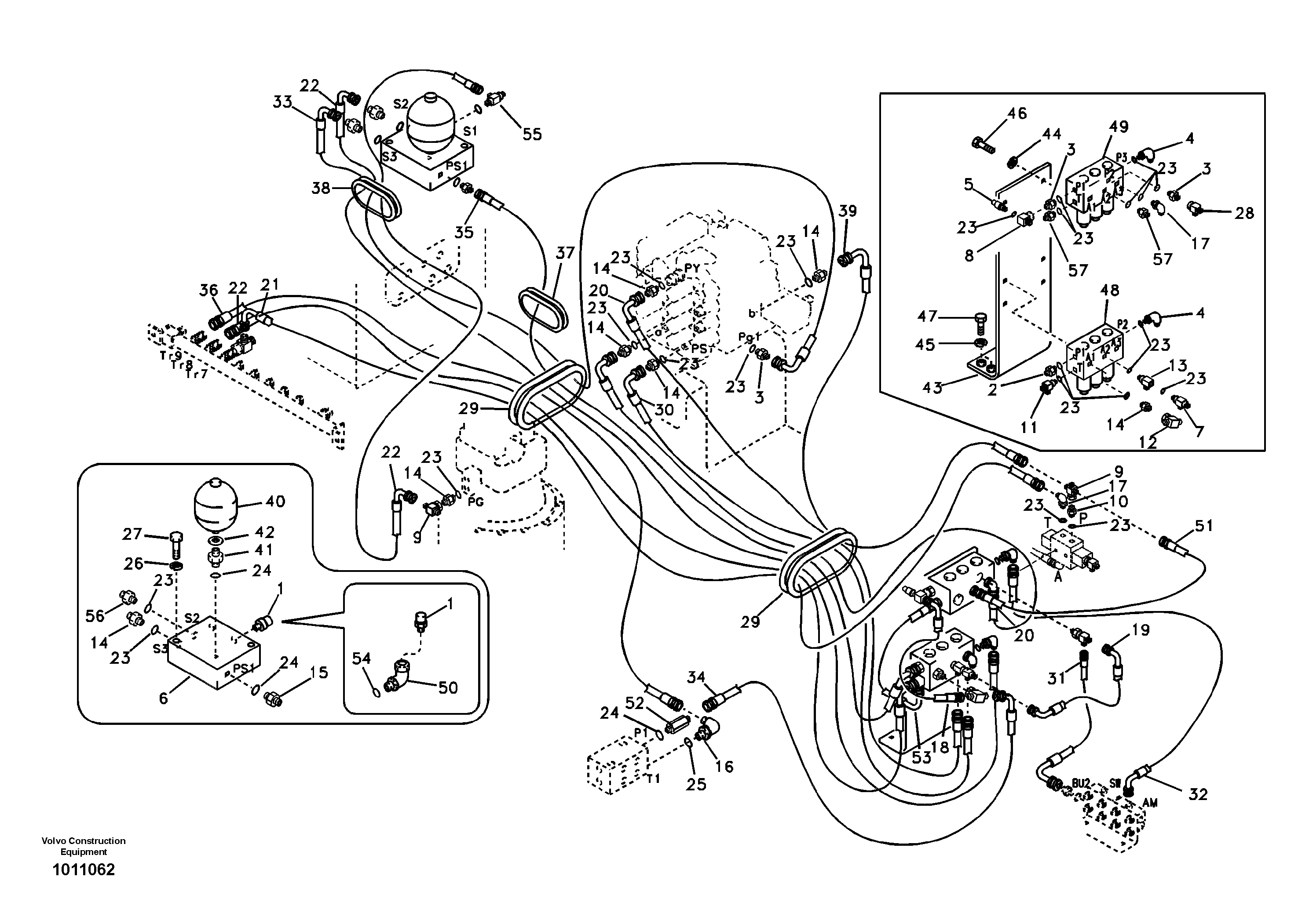 Схема запчастей Volvo EW145B - 55684 Servo system, control valve to solenoid valve and swing motor EW145B