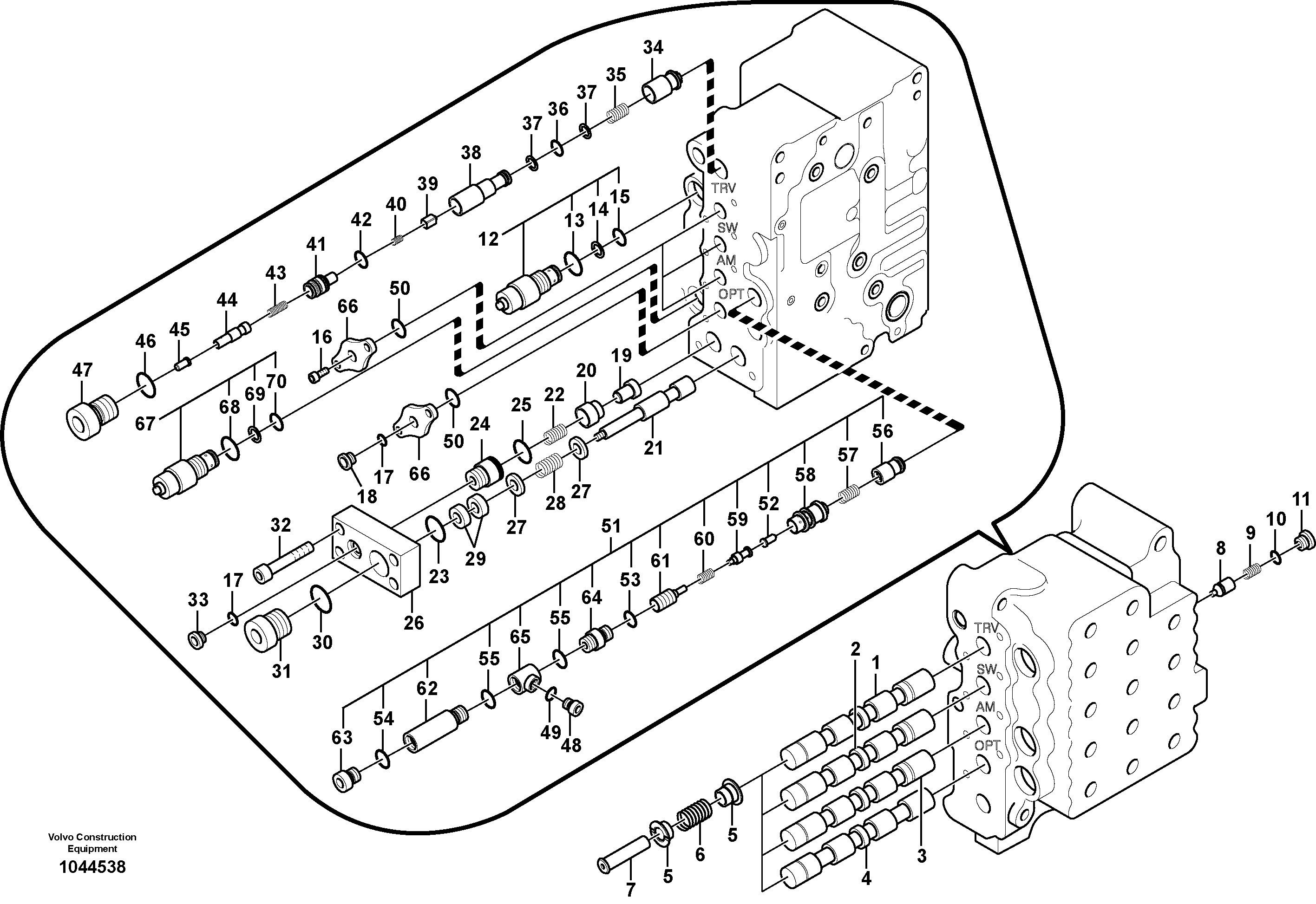 Схема запчастей Volvo EW145B - 12073 Main control valve, swing and option and dipper arm and travel Lh EW145B PRIME S/N 15001-