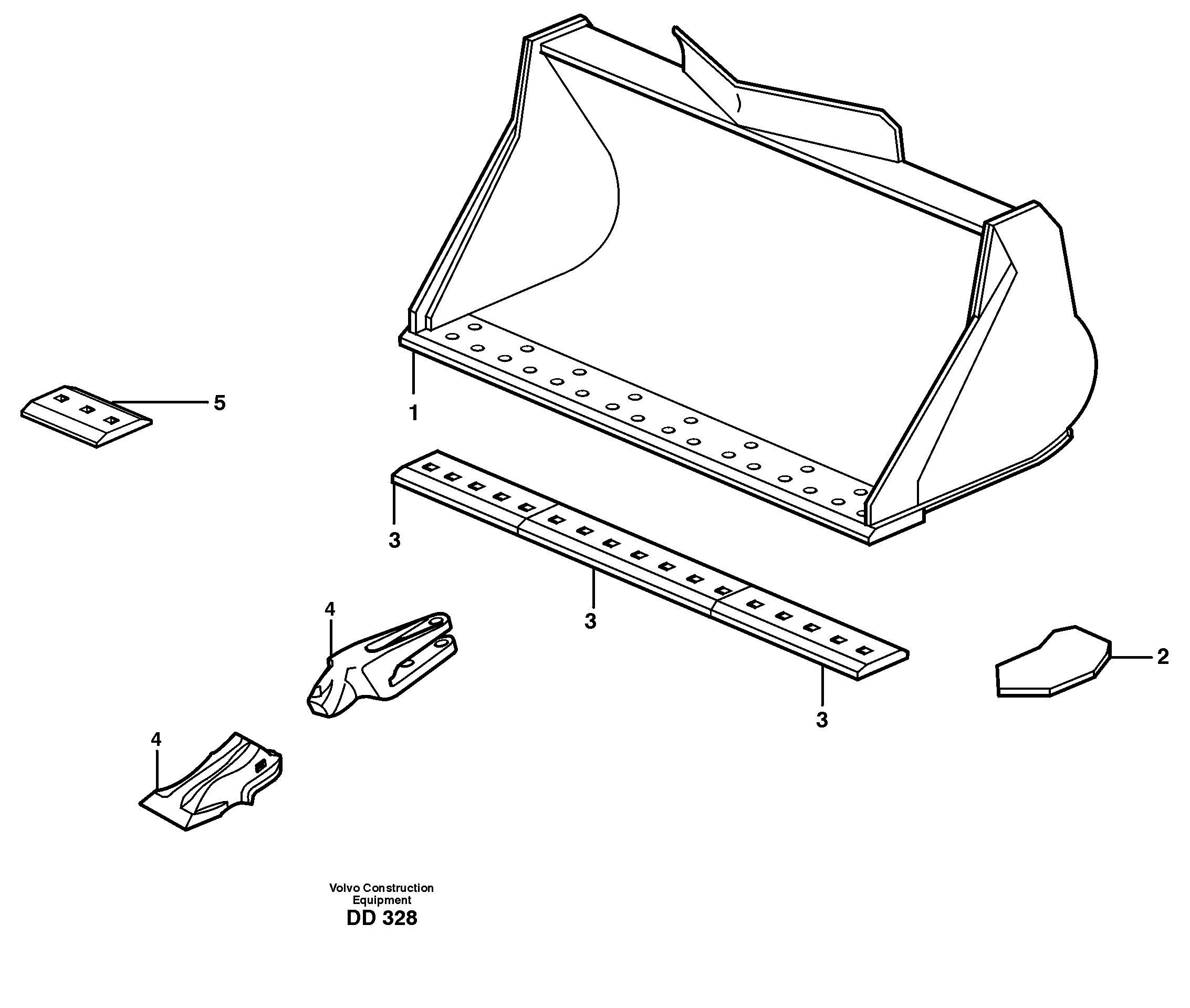 Схема запчастей Volvo EC340 - 15618 Bucket, straight lip, alt. edge savers or teeth ATTACHMENTS ATTACHMENTS BUCKETS