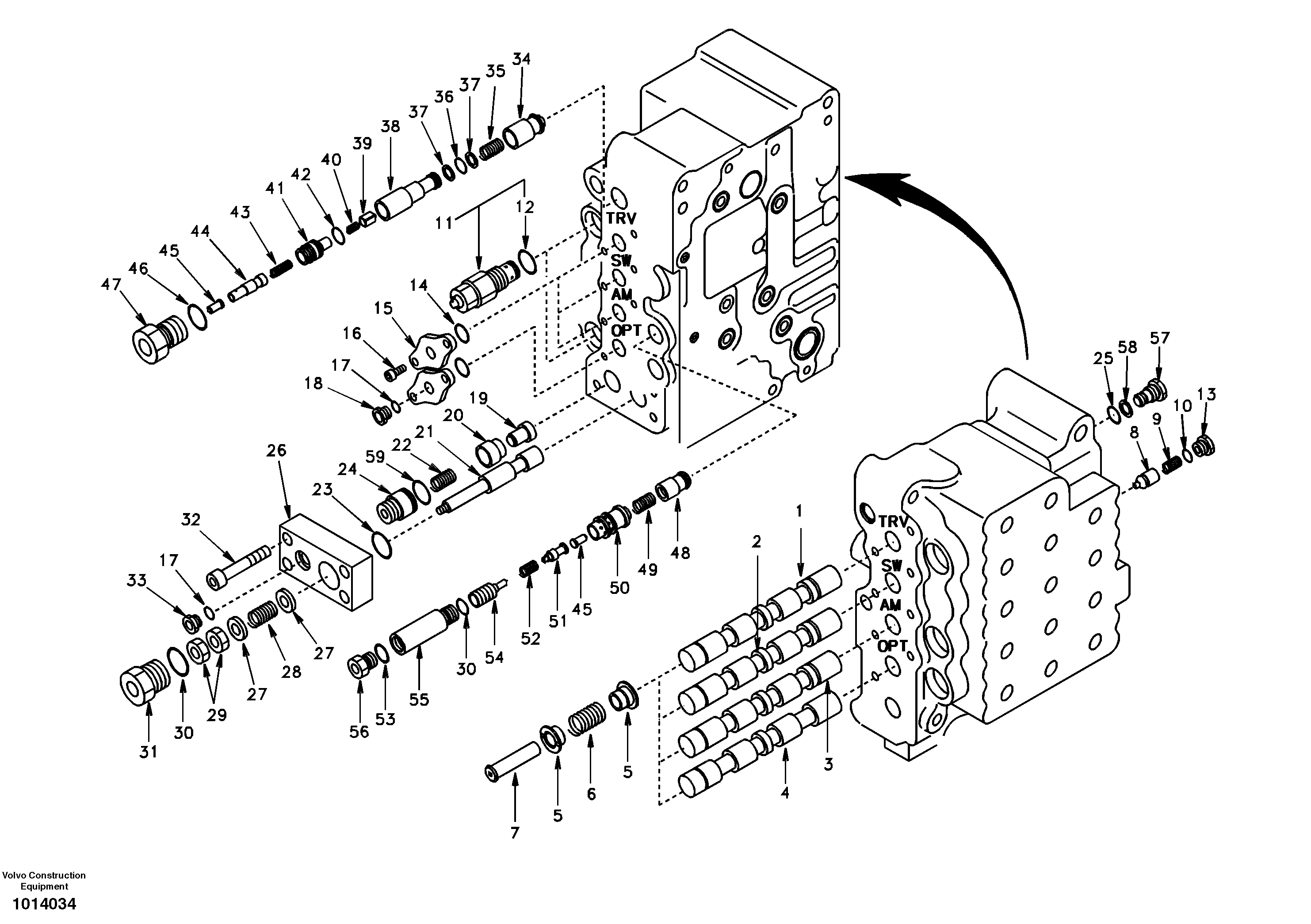 Схема запчастей Volvo EW130 - 101877 Main control valve, swing and option and dipper arm and travel Lh EW130