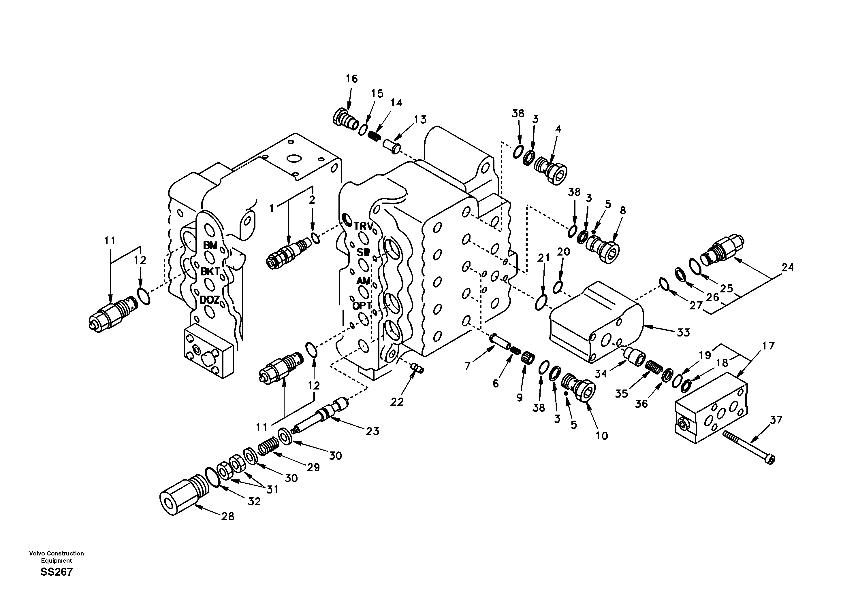 Схема запчастей Volvo EW130 - 47391 Main control valve, relief valve and dipper arm holding EW130
