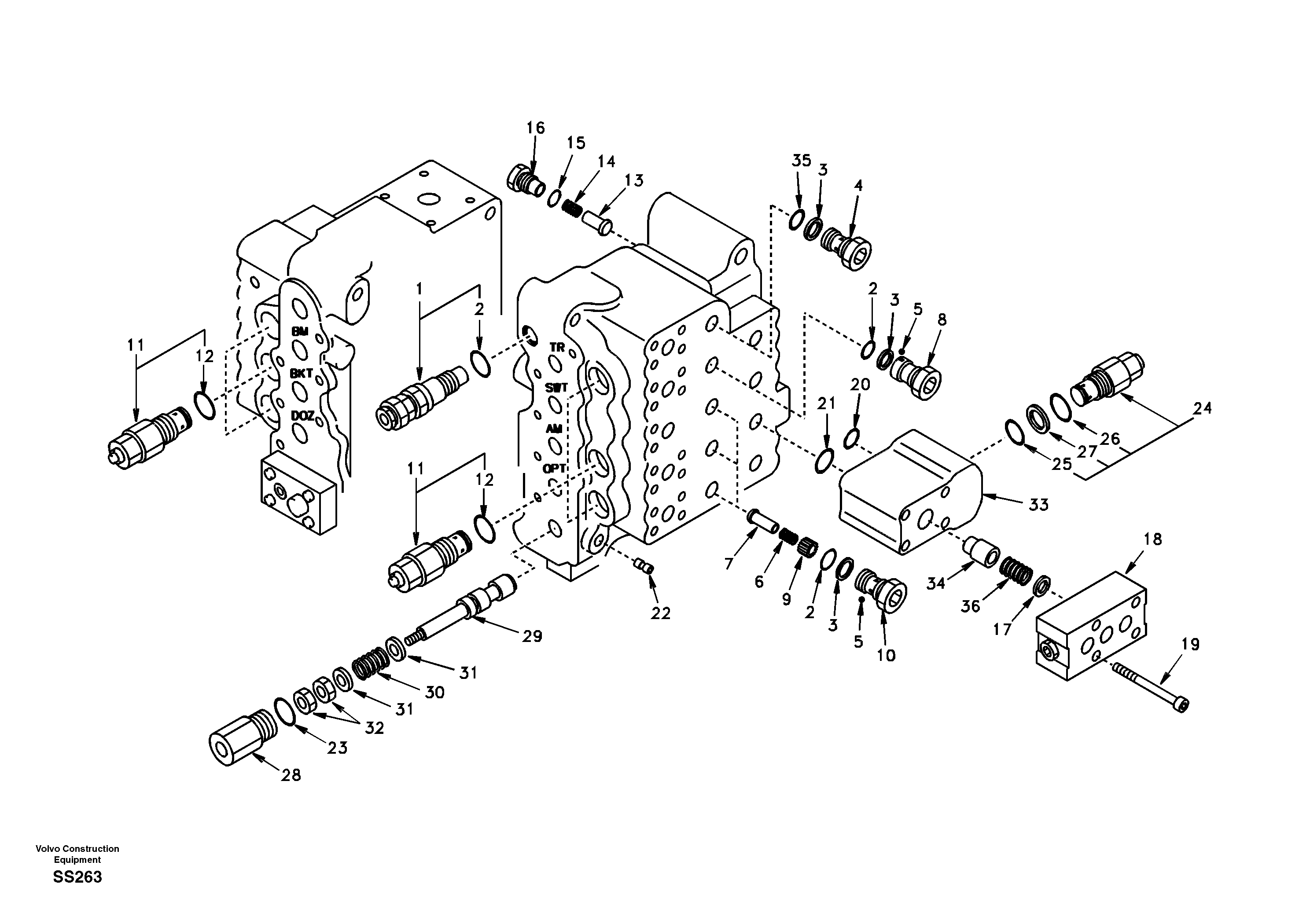 Схема запчастей Volvo EW130 - 71396 Main control valve, relief valve and dipper arm holding EW130