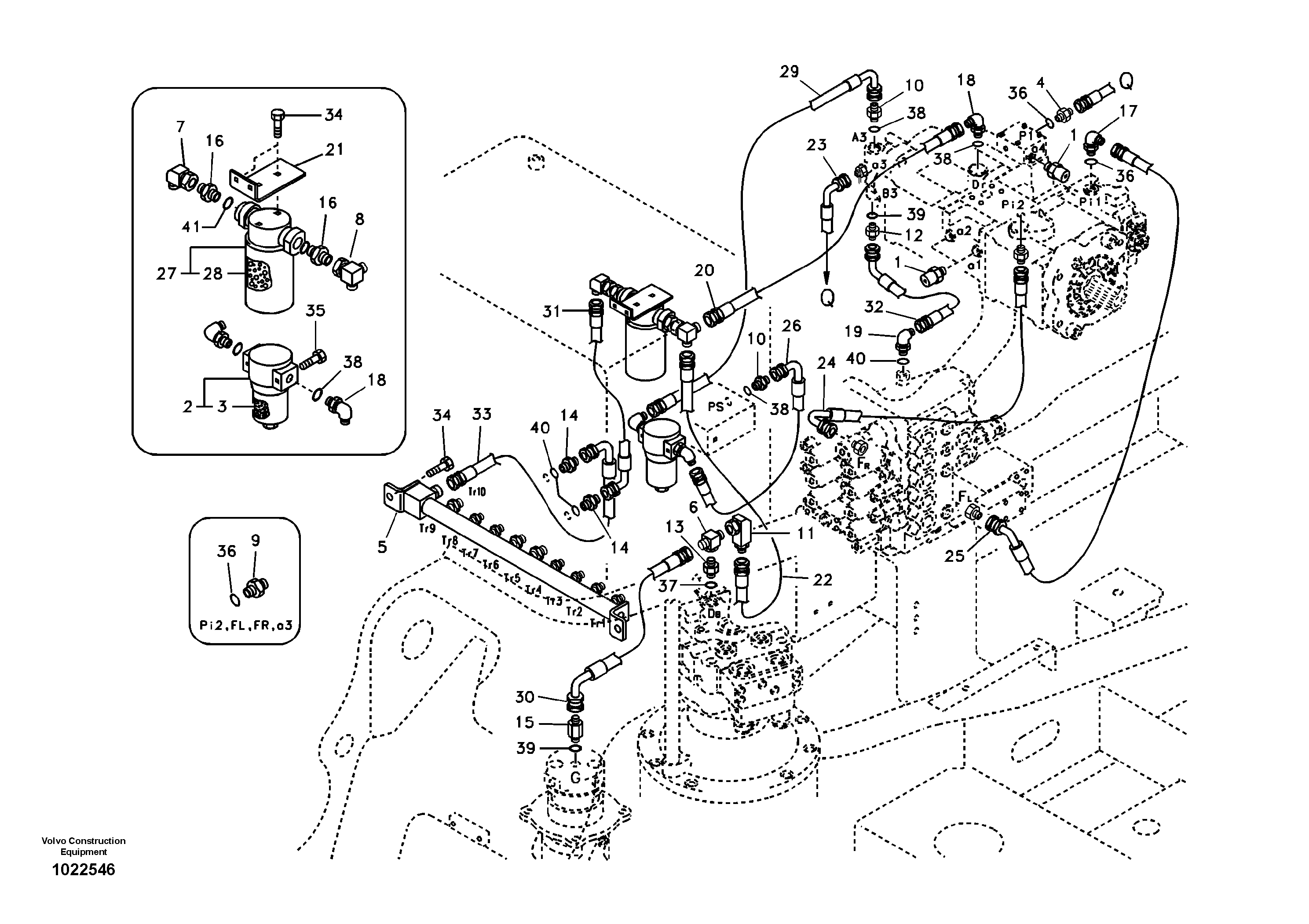 Схема запчастей Volvo EC140B - 51443 Servo system, pump piping and filter mount EC140B
