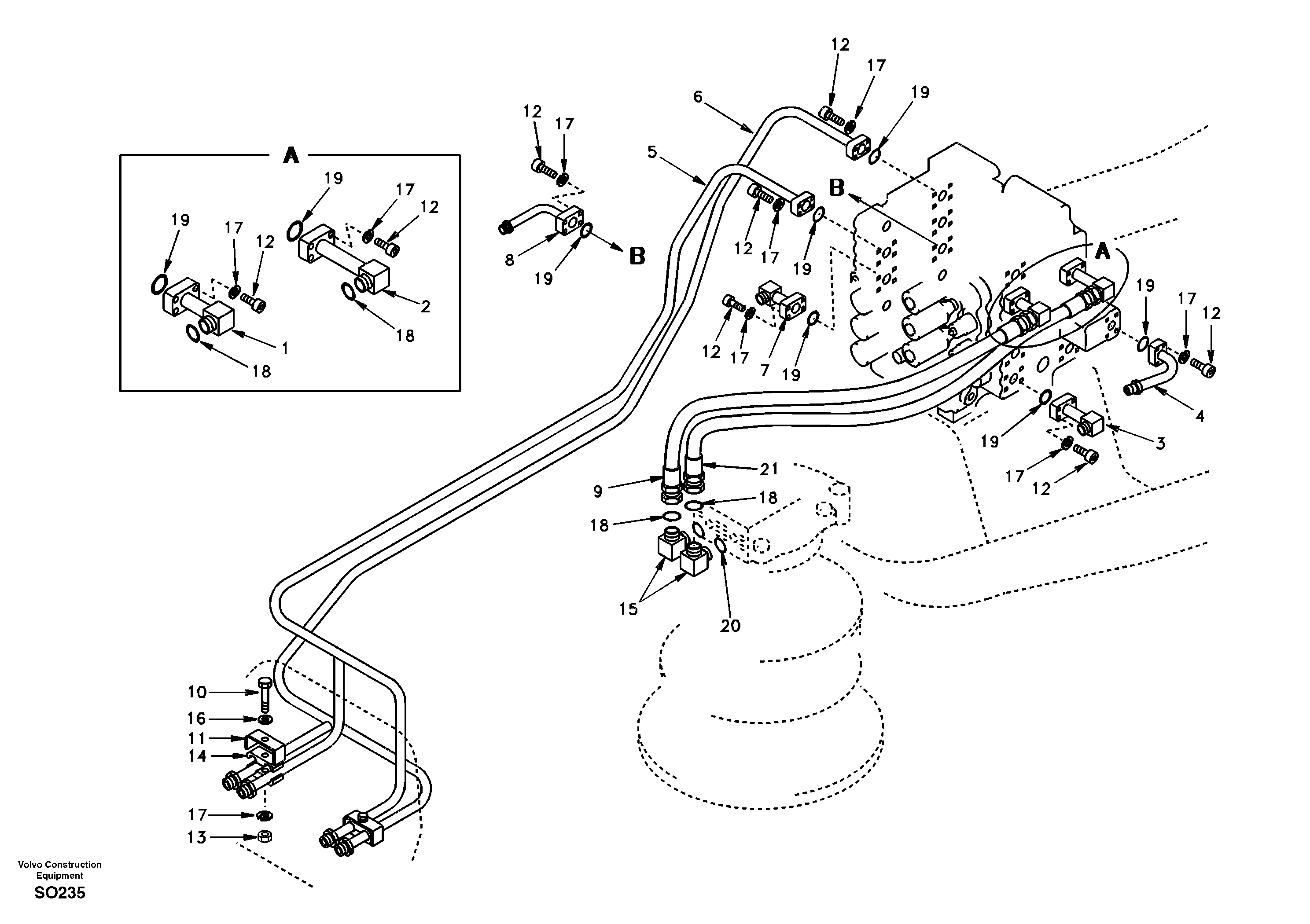 Схема запчастей Volvo EC150 - 35989 Hydraulic system, control valve to boom and swing EC150