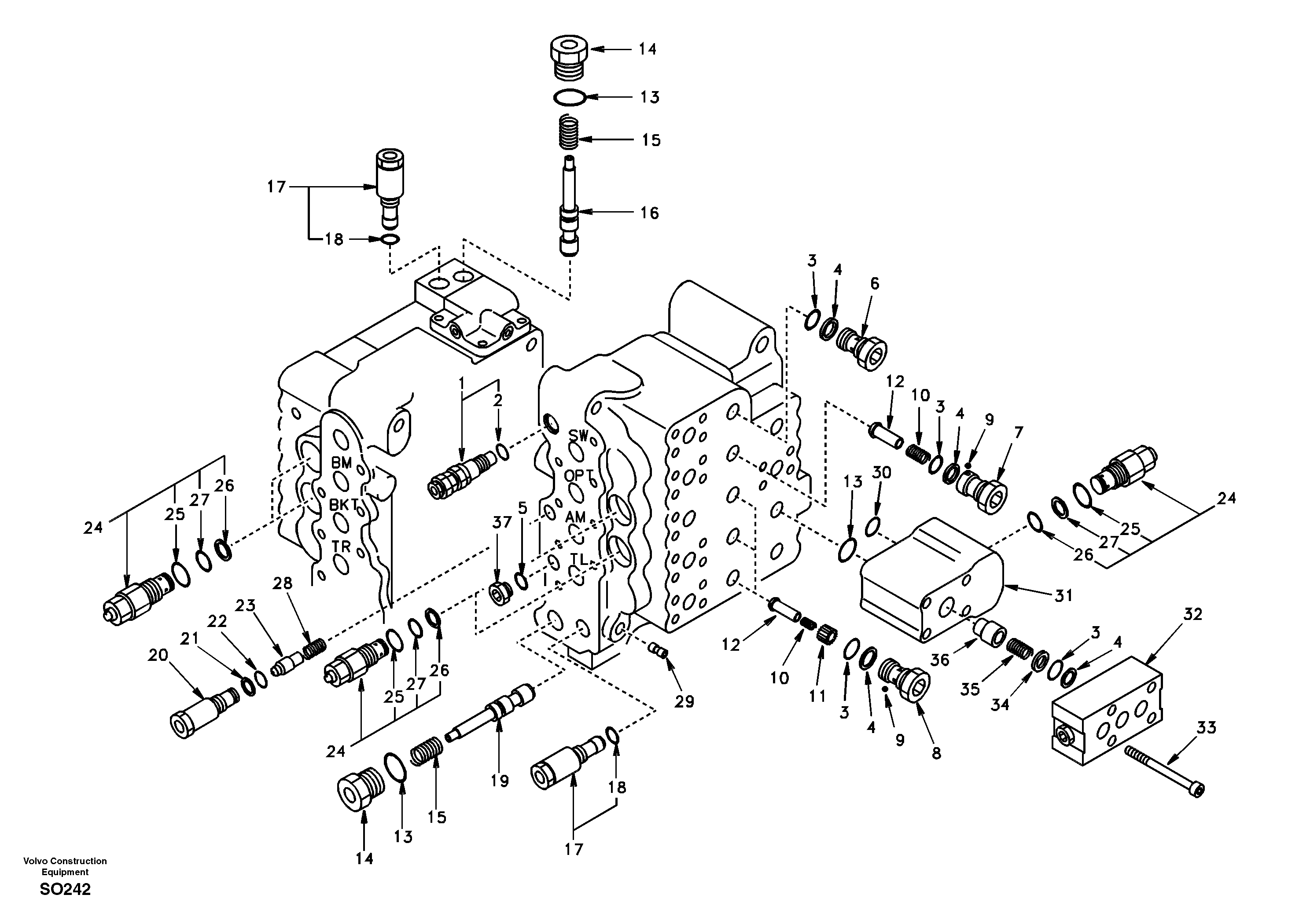Схема запчастей Volvo EC150 - 17966 Main control valve, relief valve and dipper arm holding EC150