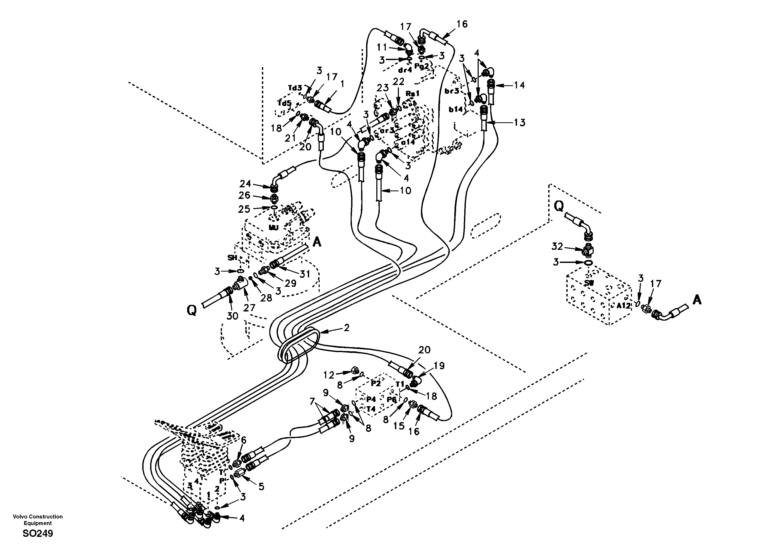 Схема запчастей Volvo EC150 - 25788 Servo system, control valve to remote control valve pedal EC150