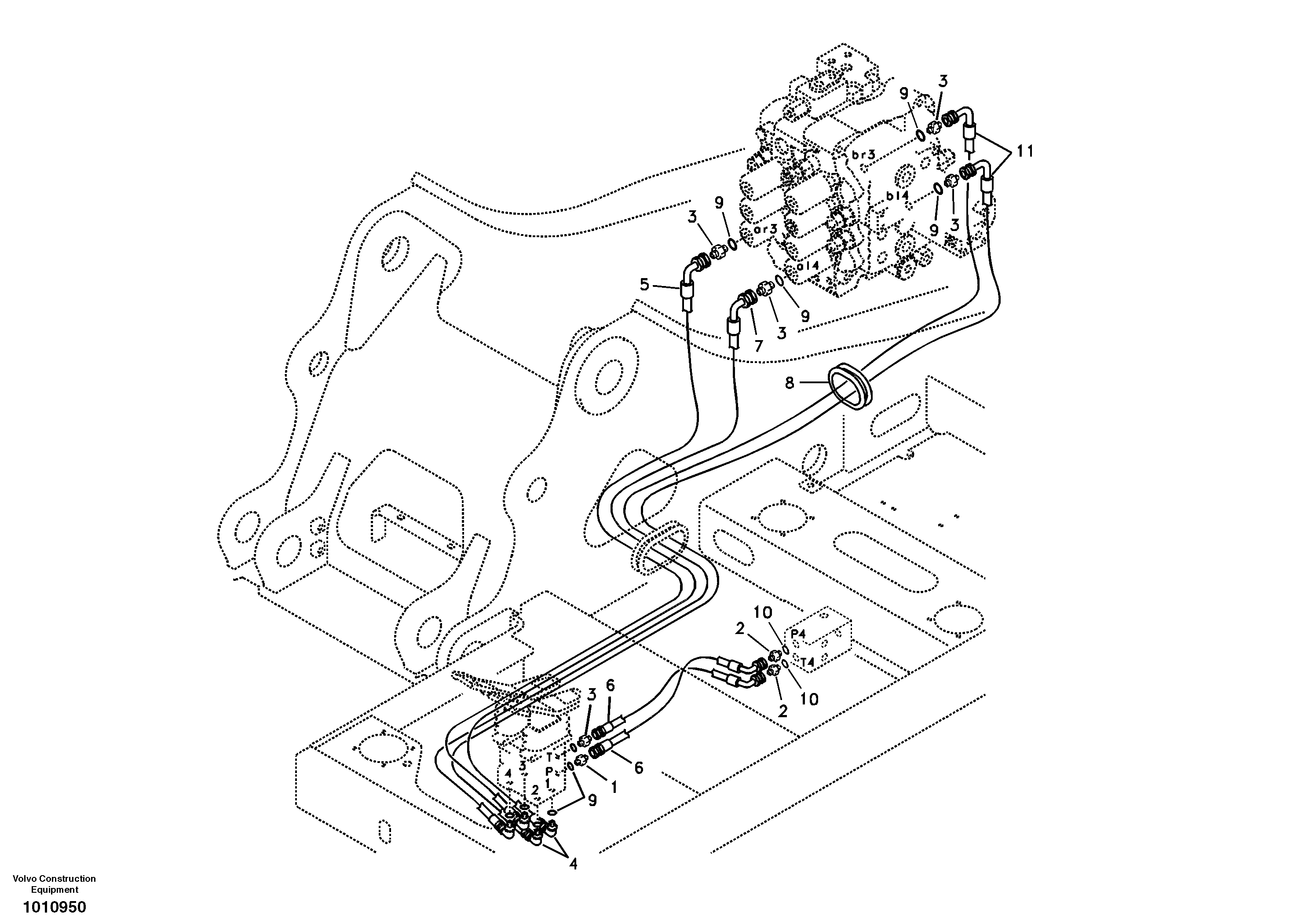 Схема запчастей Volvo EC160B - 11966 Servo system, control valve to remote control valve pedal EC160B