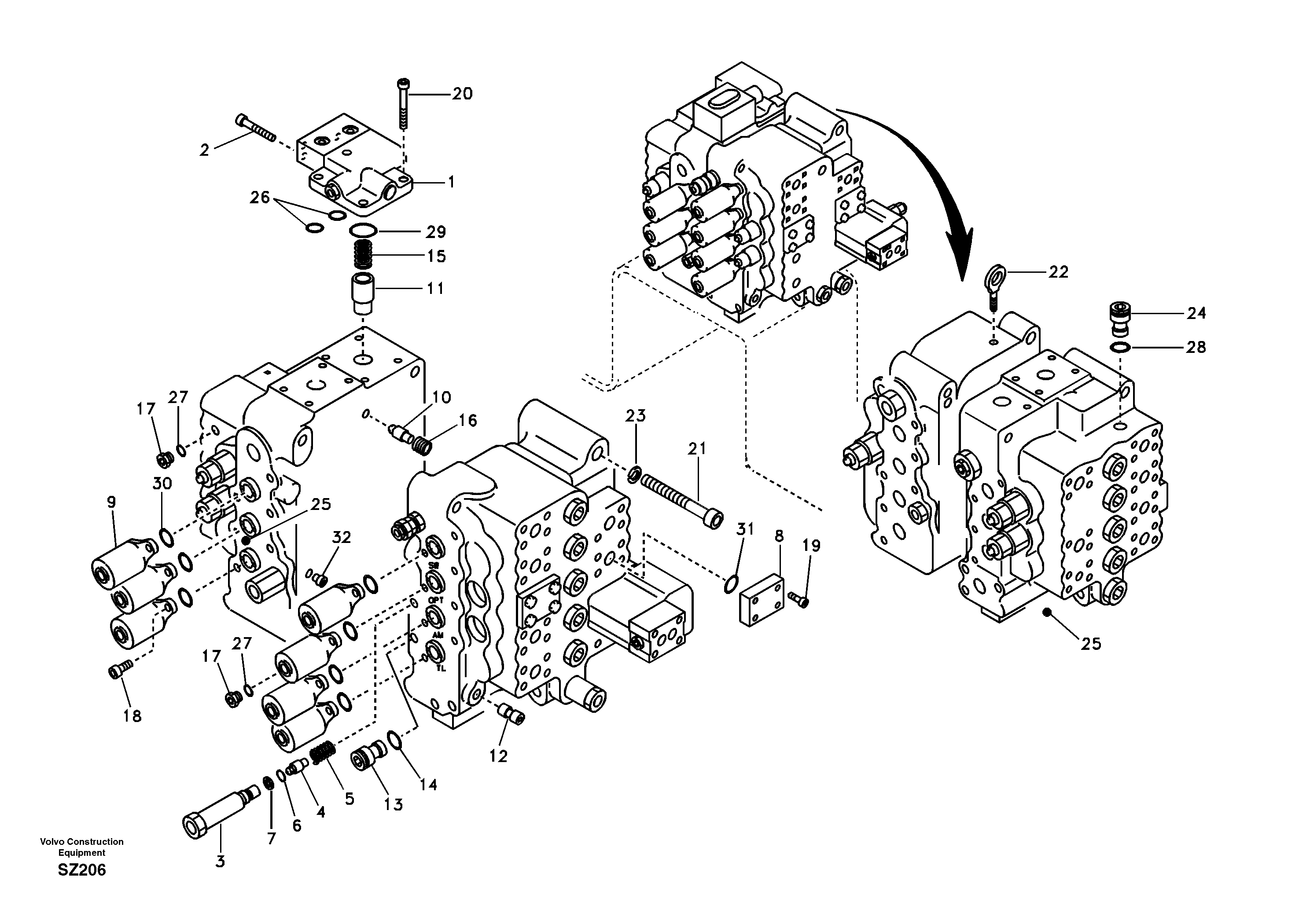 Схема запчастей Volvo EC240B - 100143 Main control valve, relife valve and boom holding EC240B
