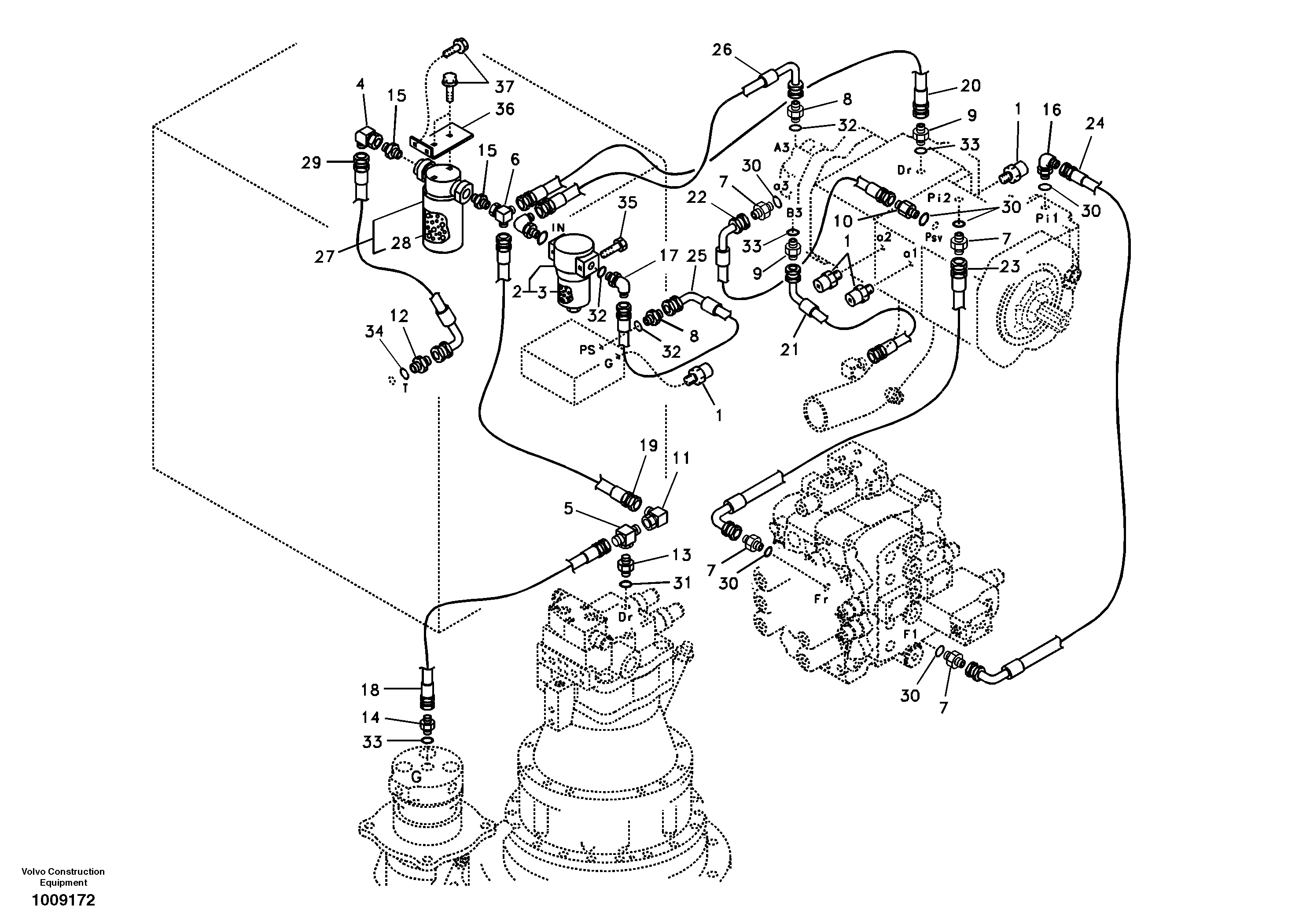 Схема запчастей Volvo EC240B - 49907 Servo system, pump piping and filter mount EC240B