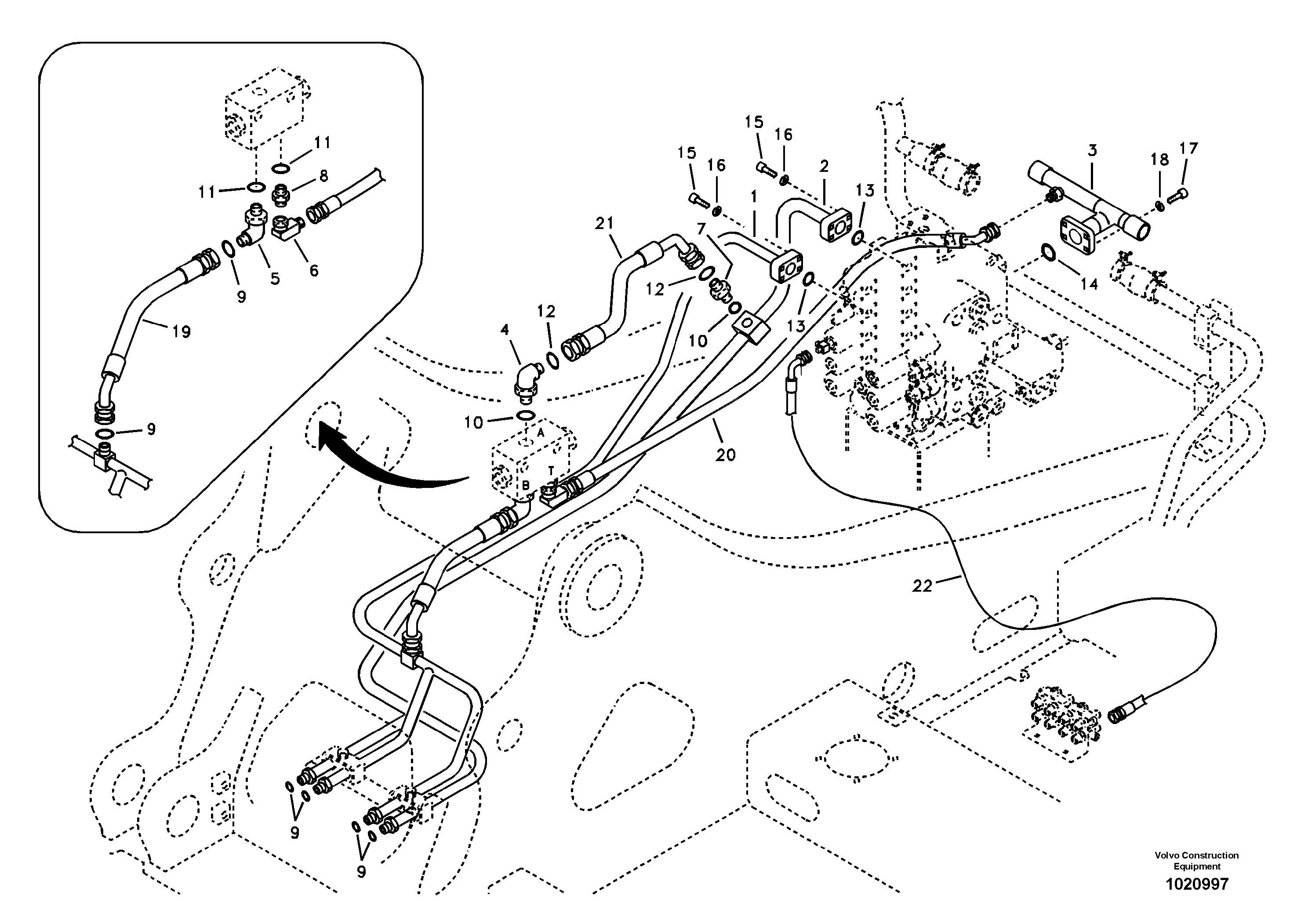 Схема запчастей Volvo EC240B - 18829 Hydraulic system, control valve to boom and swing EC240B SER NO INT 12641- EU & NA 80001-