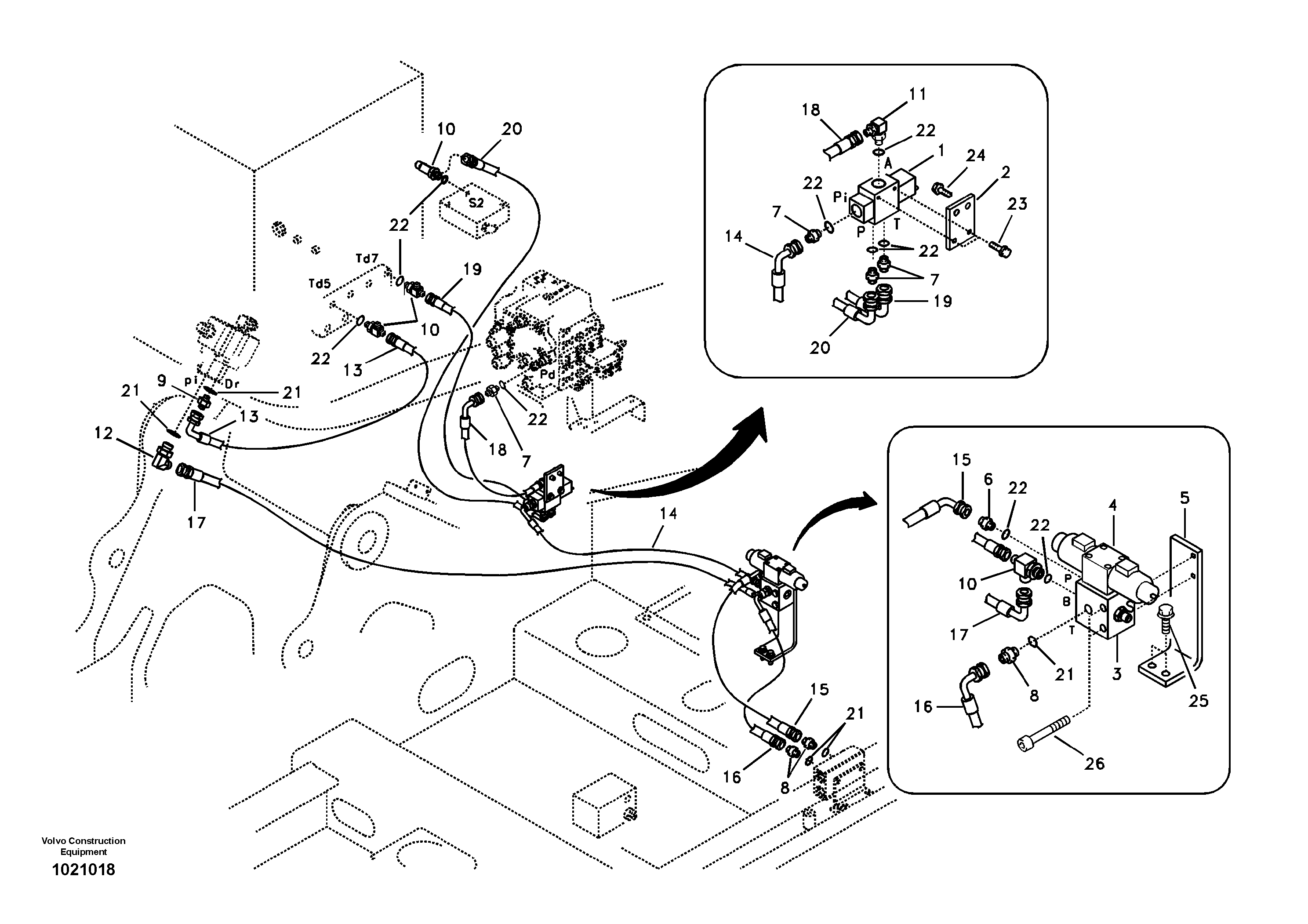 Схема запчастей Volvo EC240B - 99536 Working hydraulic, hammer and shear for 1st pump flow EC240B SER NO INT 12641- EU & NA 80001-