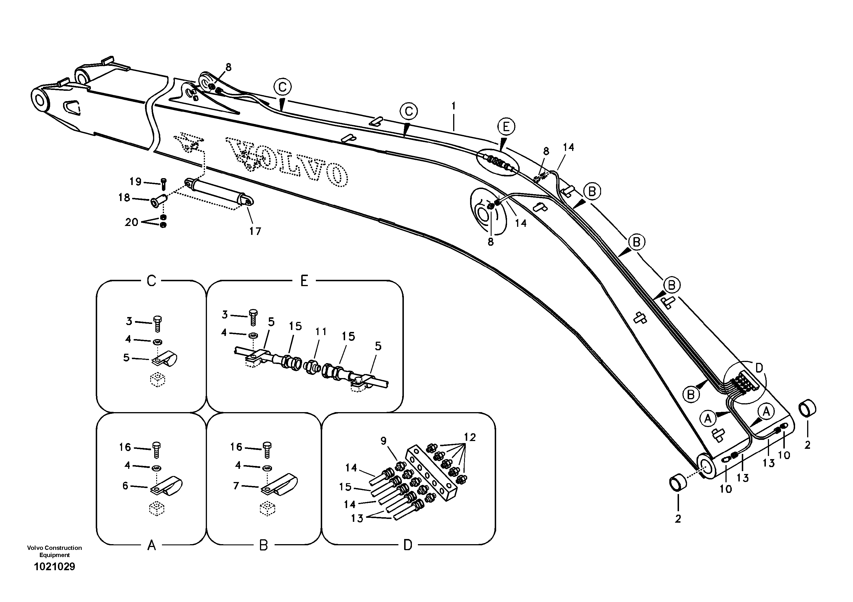 Схема запчастей Volvo EC240B - 64795 Boom and grease piping, long reach EC240B SER NO INT 12641- EU & NA 80001-