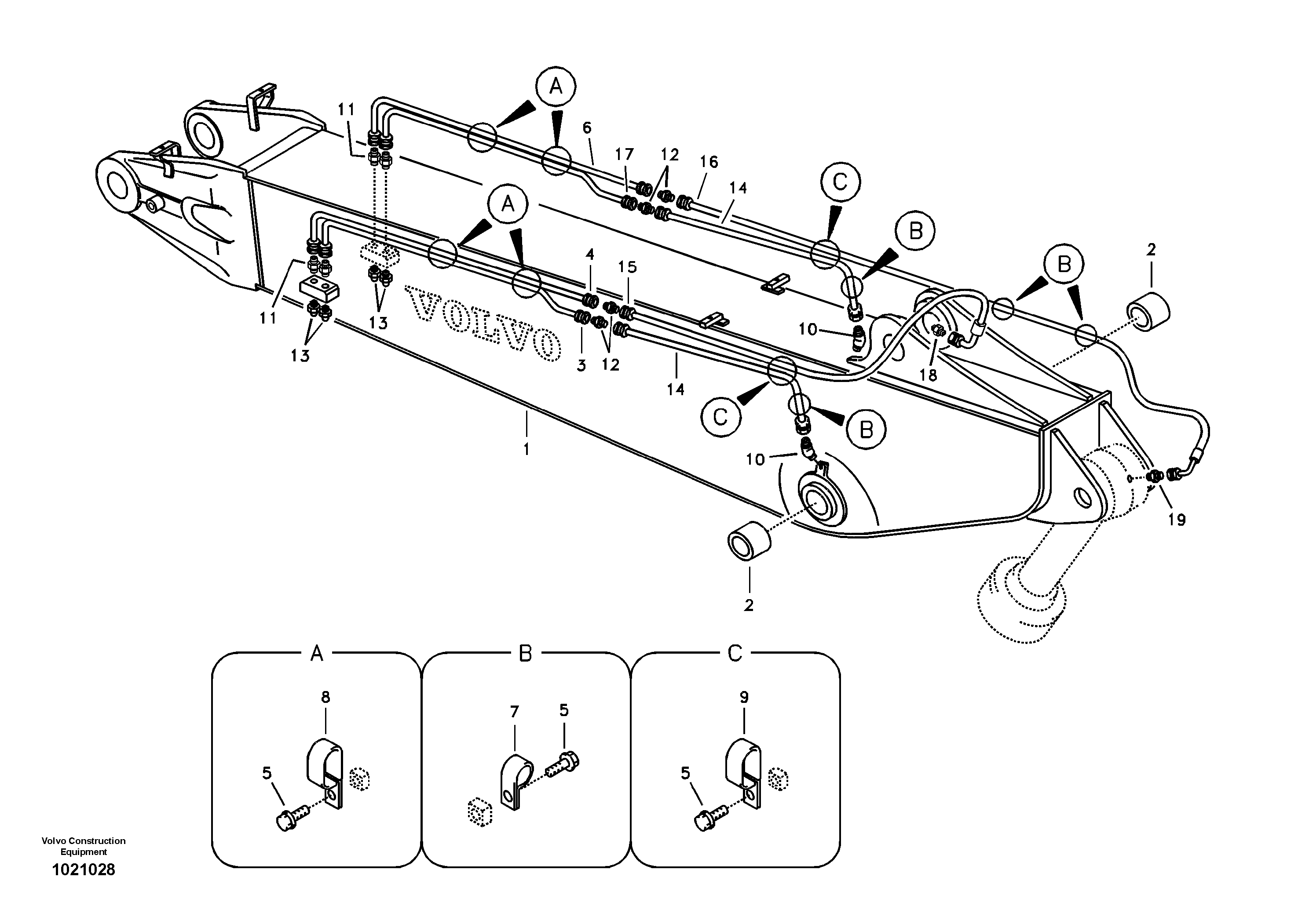 Схема запчастей Volvo EC240B - 7518 Boom and grease piping, adjustable 2nd EC240B SER NO INT 12641- EU & NA 80001-