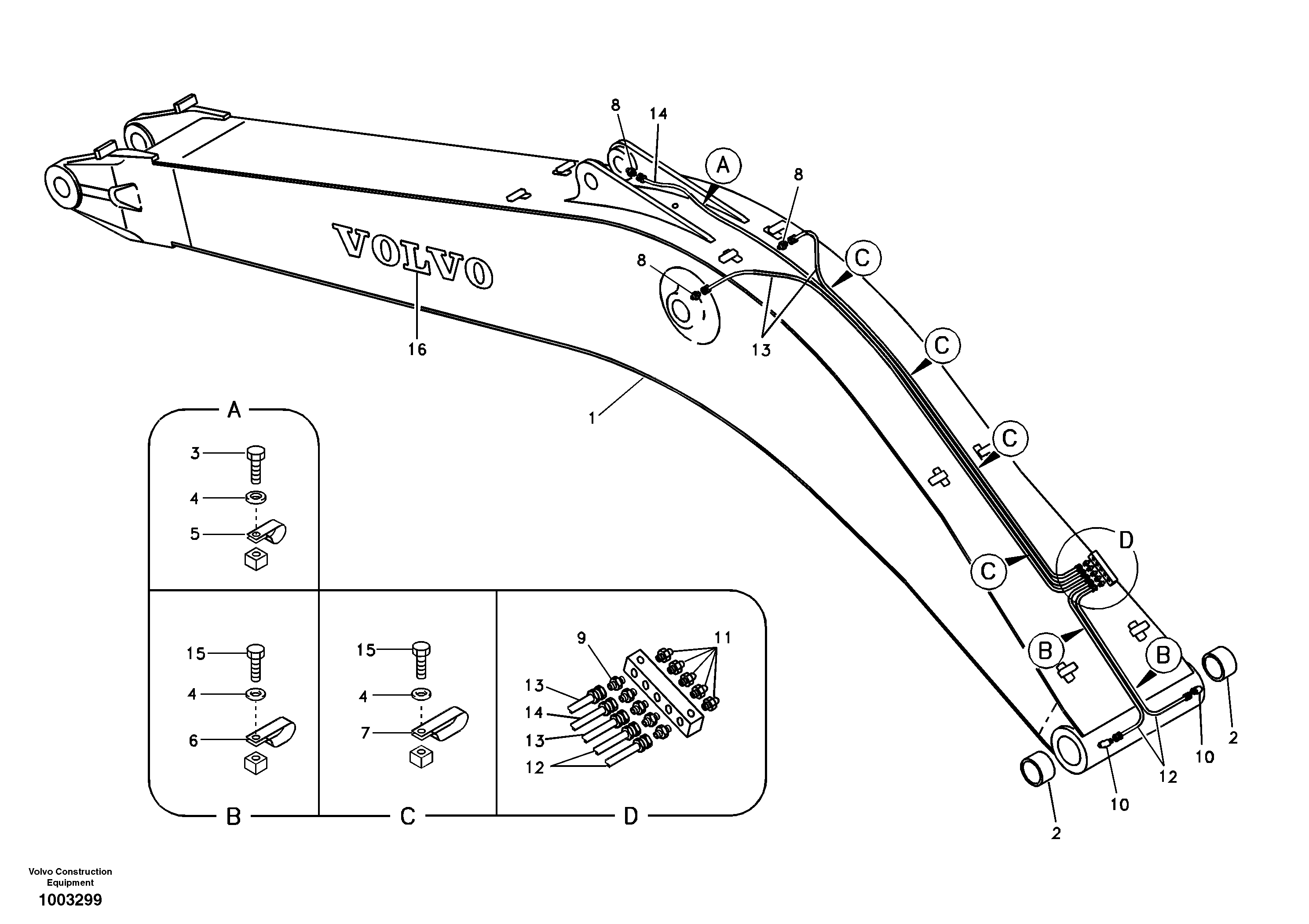 Схема запчастей Volvo EC240B - 87982 Boom and grease piping EC240B SER NO INT 12641- EU & NA 80001-